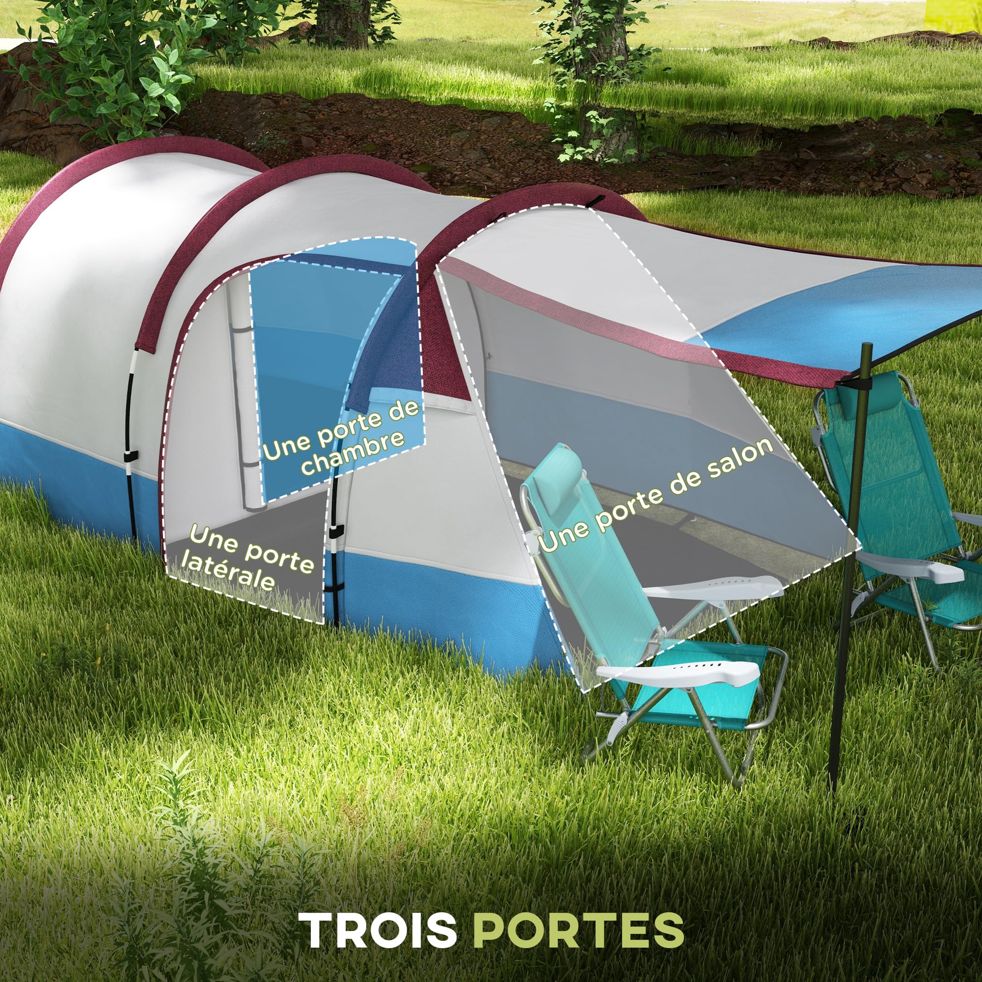 Outsunny Tente de Camping Tente Tunnel 2-3 Personnes avec Chambre à Coucher, Salon et Porche légère ventilée 3 Portes Sac de Transport Inclus 420 x 200 x 150 cm