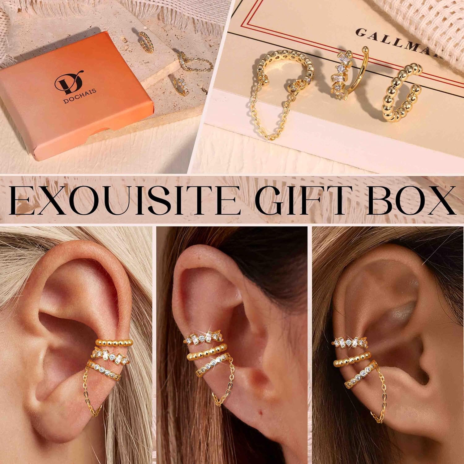 Dochais Ear Cuff Earrings for Women Non Piercing 14K Gold Plated Ear Cuff for Non Pierced Ears Clip on Cartilage Earring Dainty Fake Earrings