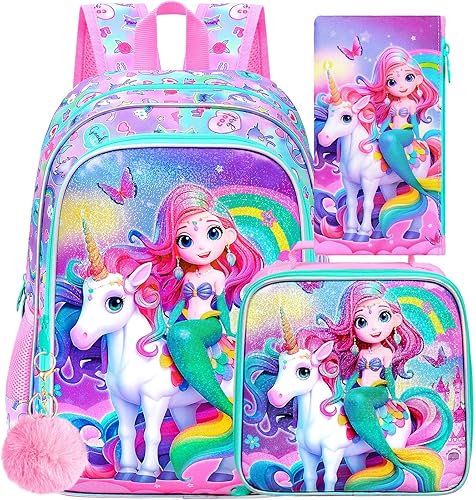 gxtvo Mochila de flamenco de sirena de unicornio para niñas, bolsa de libros para niños con lonchera, bolsa de escuela primaria resistente al agua,