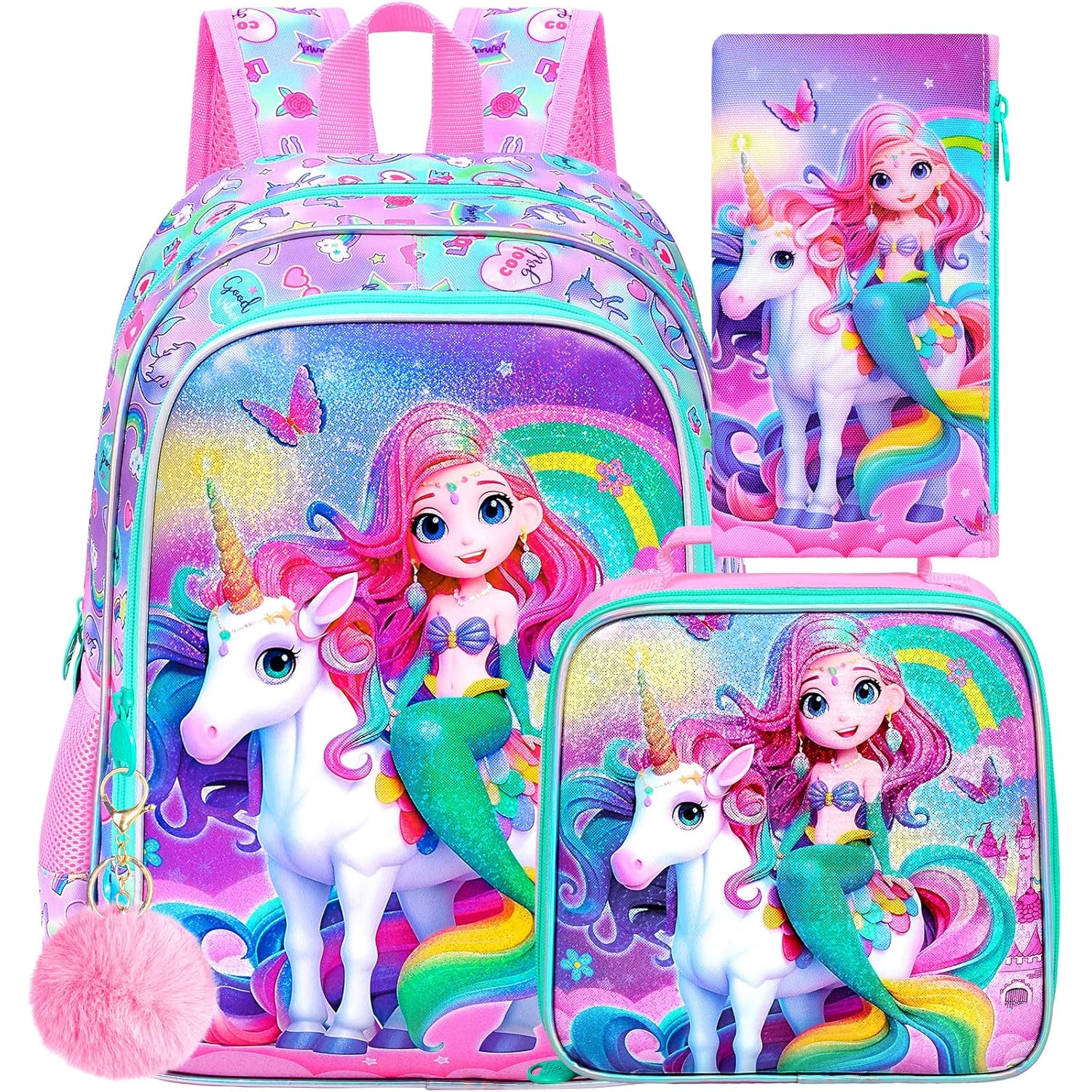 gxtvo 3PCS Mermaid Backpack 16 Girls Unicorn Bookbag with Lunch Box Water Resistant Kids Rainbow Elementary School Bag