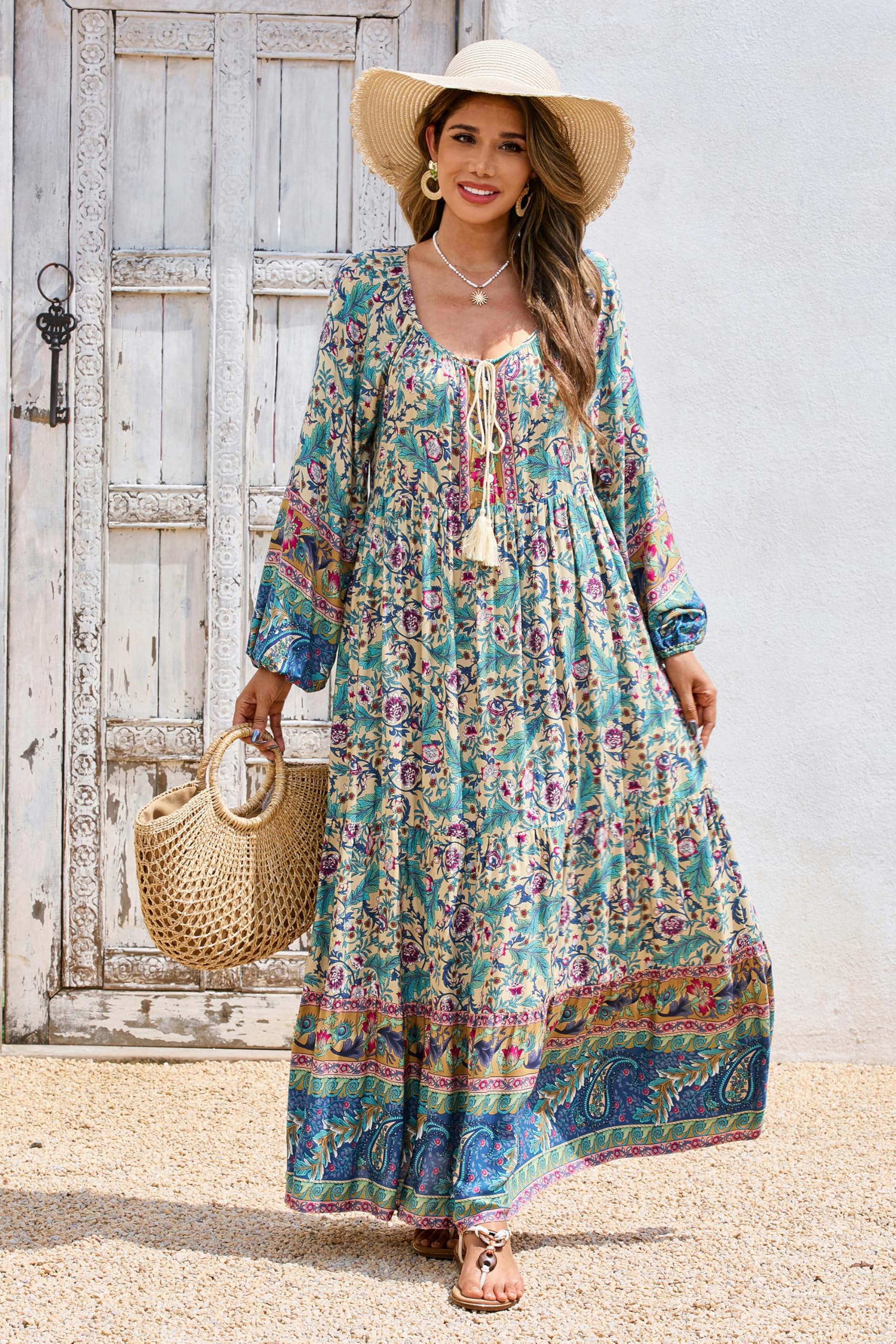 R.Vivimos Donna Quadrato Collo Floreale Maxi Abito Manica Lunga Sciolto Ruffle Vestito Vacanza Spiaggia