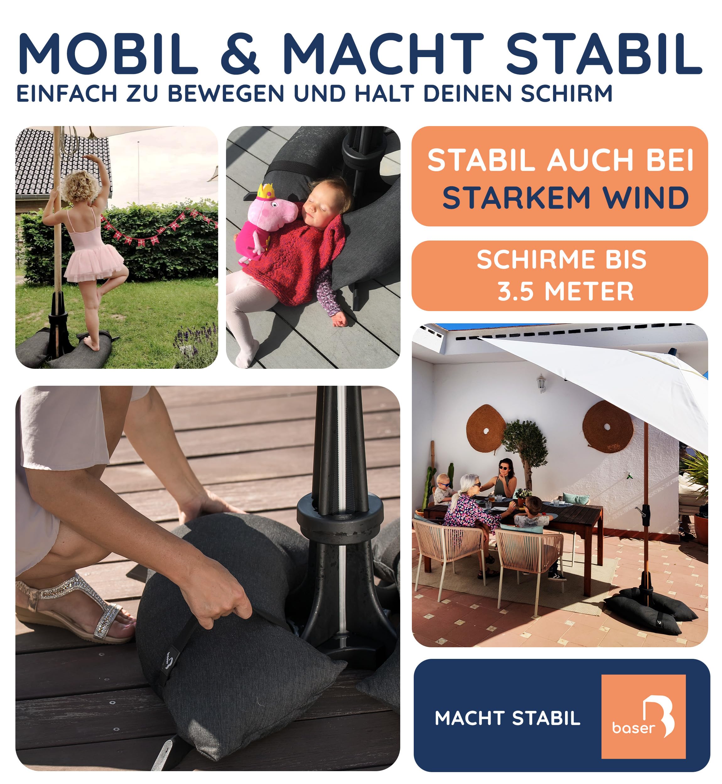 BASER Heavy Duty Sonnenschirmständer 50kg – Stabiler Schirmständer & Base Befüllbar, Sonnenschirmhalter Für 38-58mm Stock, Sonnenschirmfuss (Schwarz)
