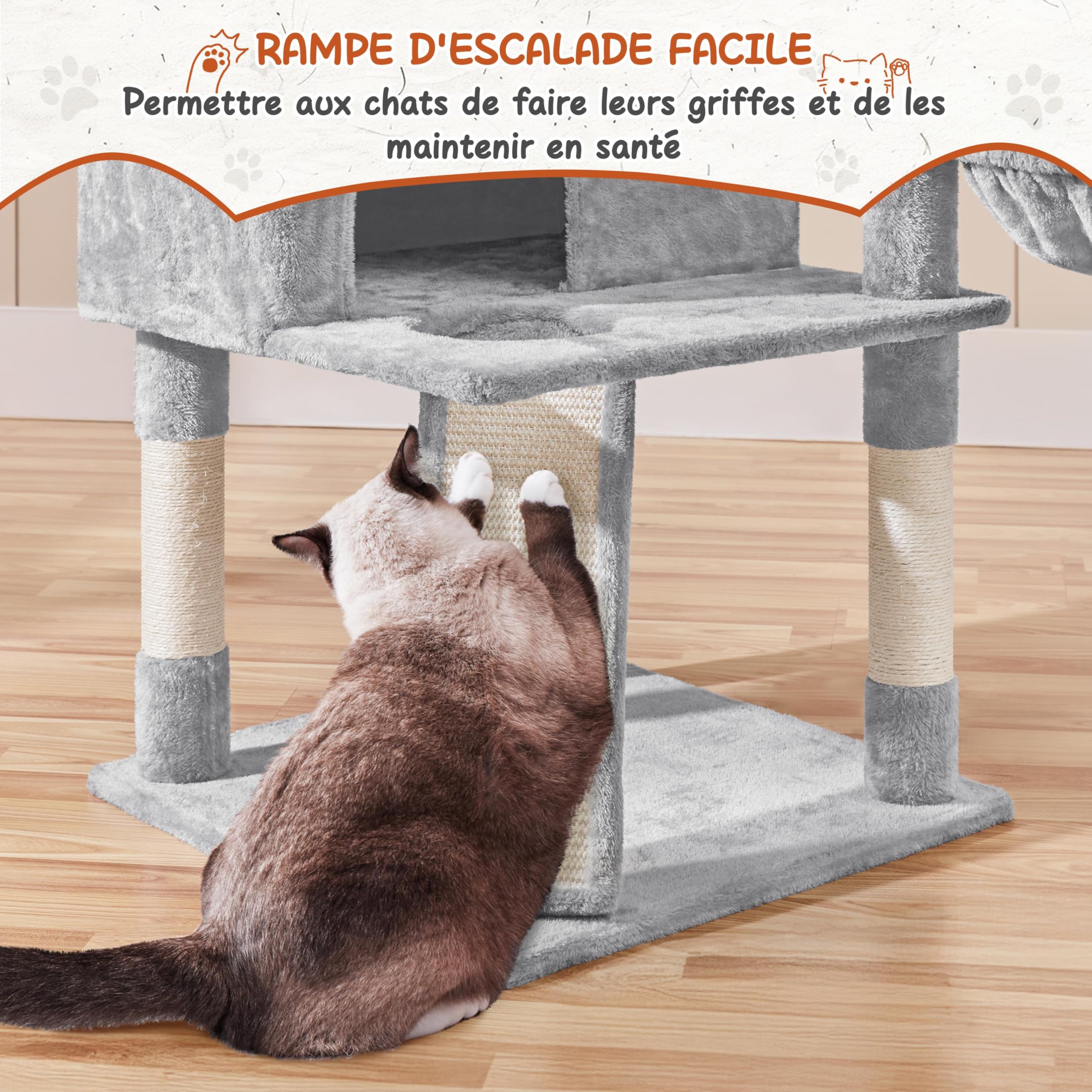 Abician Arbre à Chat Tour d'escalade 194 cm XXL, avec 3 Niches/3 Plateformes/2 Paniers/10 Poteaux en Sisal/Perchoirs, Multiniveau, Intérieur, pour 3-4 Chats, Gris Clair