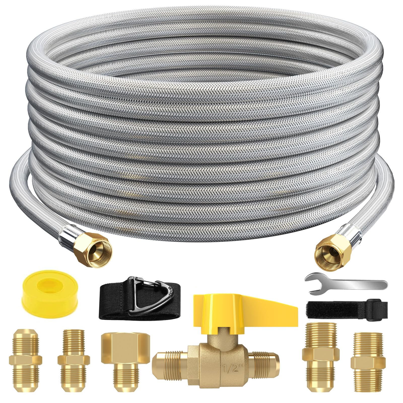 20Ft High Pressure Braided Propane Hose Extension and fittings with Conversion Coupling 3/8" Flare to 1/2" Female NPT 1/4" Male NPT 3/8" ball valve switch 3/8" Male Flare for BBQ Grill Fire Pit Heater