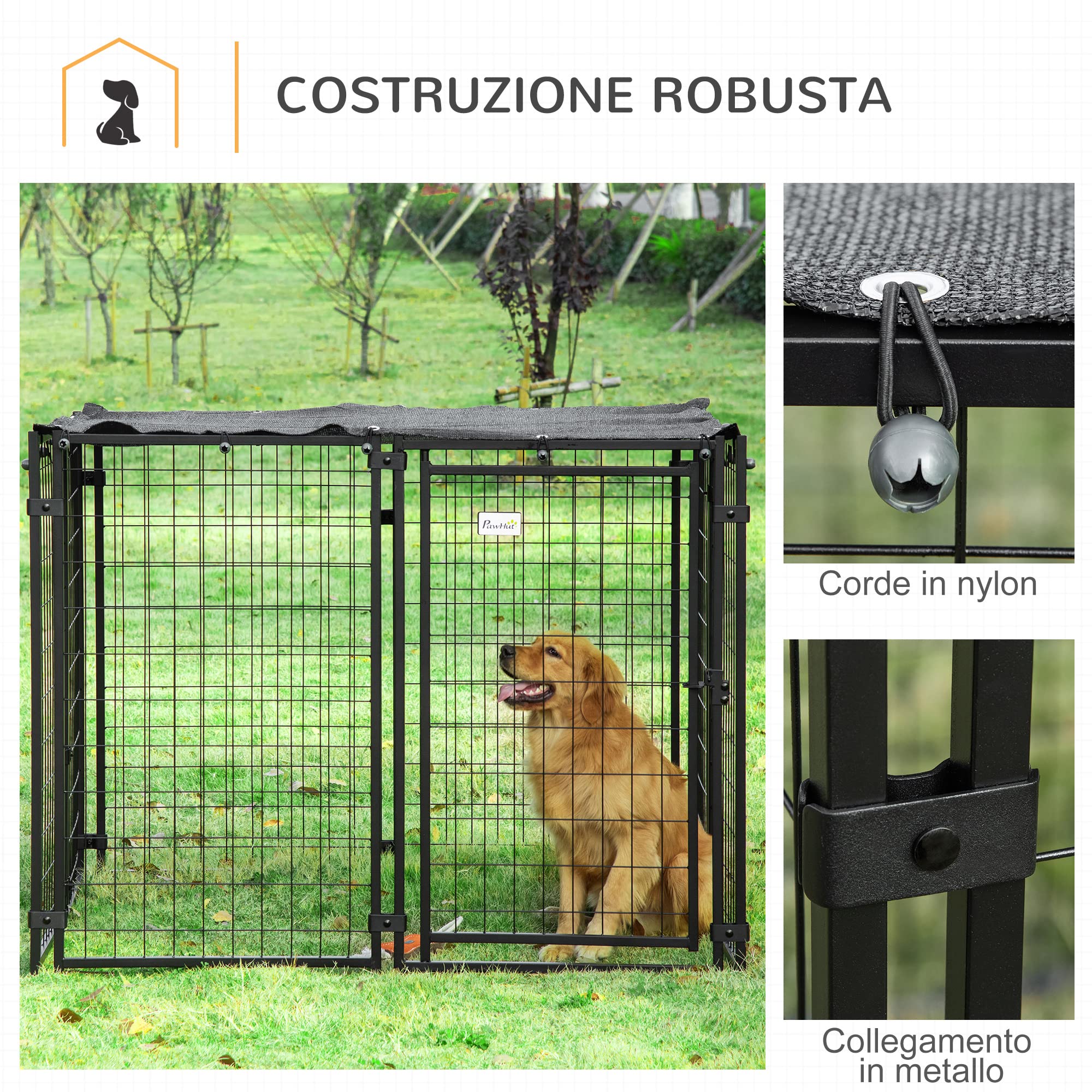 PawHut Recinto per Cani in Acciaio Pieghevole con Copertura, Box per Animali a 8 Pannelli con Porta Bloccabile, 141x141x113cm, Nero