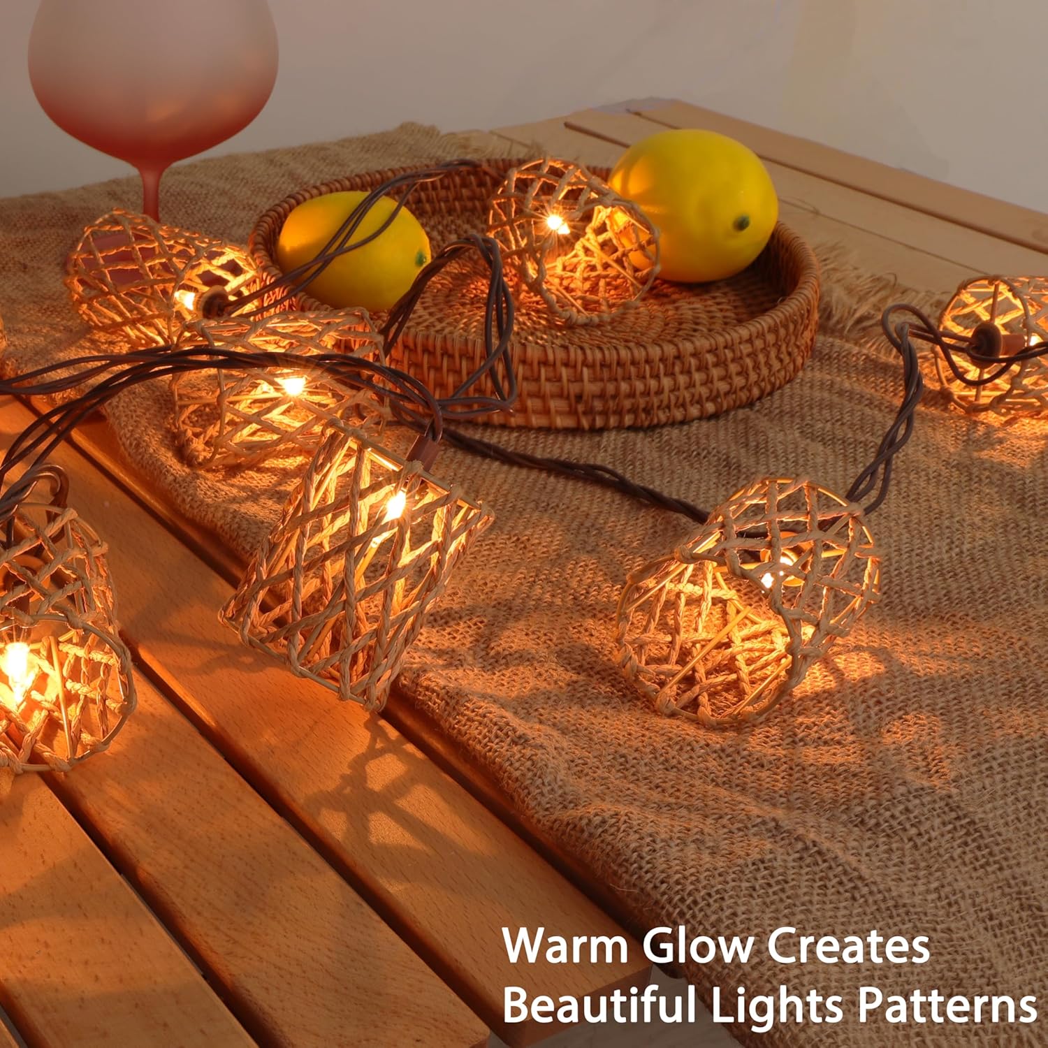 Decorative String Lights Plug in with 10 Incandescent Bulbs, Handwoven Rattan Cylinder-shaped Boho Lantern String Lights Connectable Weatherproof Outdoor Indoor for Bedroom Patio Pergola Decor (Beige)