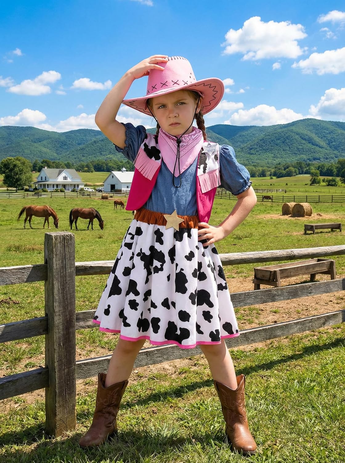 Doxrmuru Cowgirl Costume for Girls Halloween Western Rodeo Dress Up Outfit with Cowgirl Hat 3-10 Years