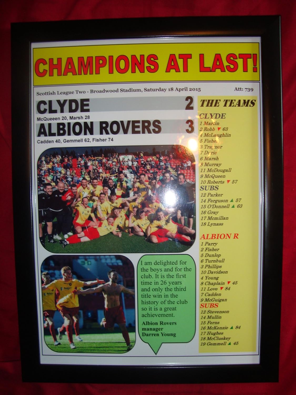 Lilywhite Multimedia Clyde 2 Albion Rovers 3 - Albion Rovers champions - 2015 - framed print
