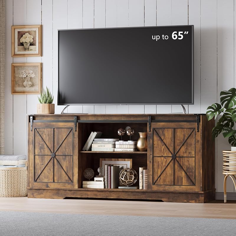 Farmhouse TV Stand for 65/60/55 Inch Tvs, Rustic Entertainment Center with Storage Cabinets & Sliding Barn Doors, Modern Media Console Table, Wood Television Furniture for Living Room, Bedroom, Brown