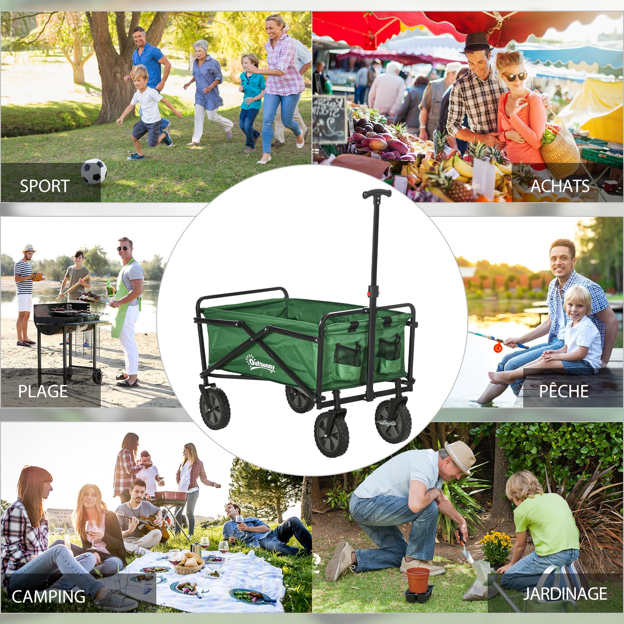 Outsunny Chariot de Transport Pliable à Roues Tout-Terrain avec Freins, Chariot de Campings avec Poignée en Acier, pour Plage Jardin Extérieur, Charge 40kg, 120L, Vert Foncé