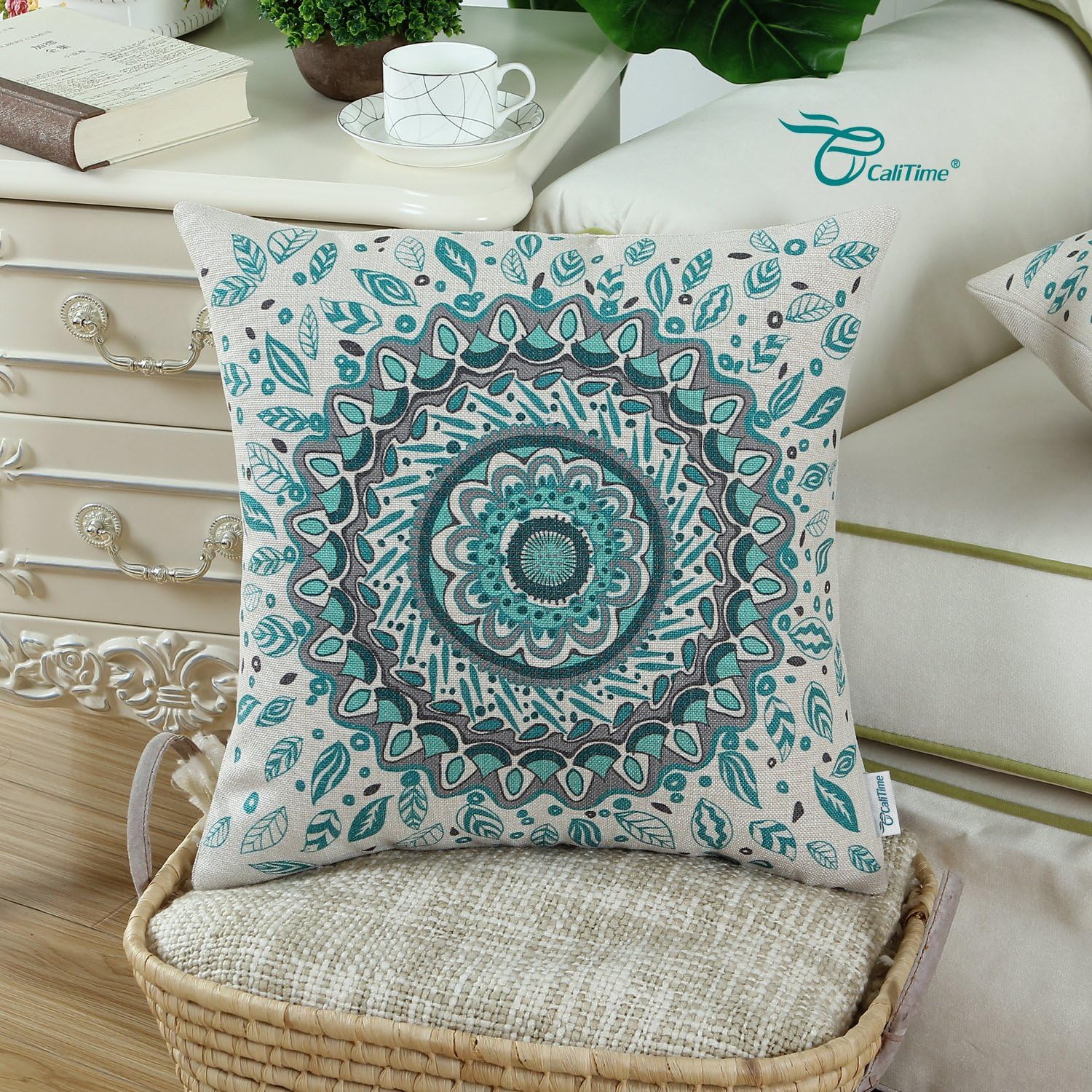 CaliTime Canvas Throw Pillow Cover Case for Couch Sofa Home Decor Floral Compass Leaves Medallion 20 X 20 Inches Teal