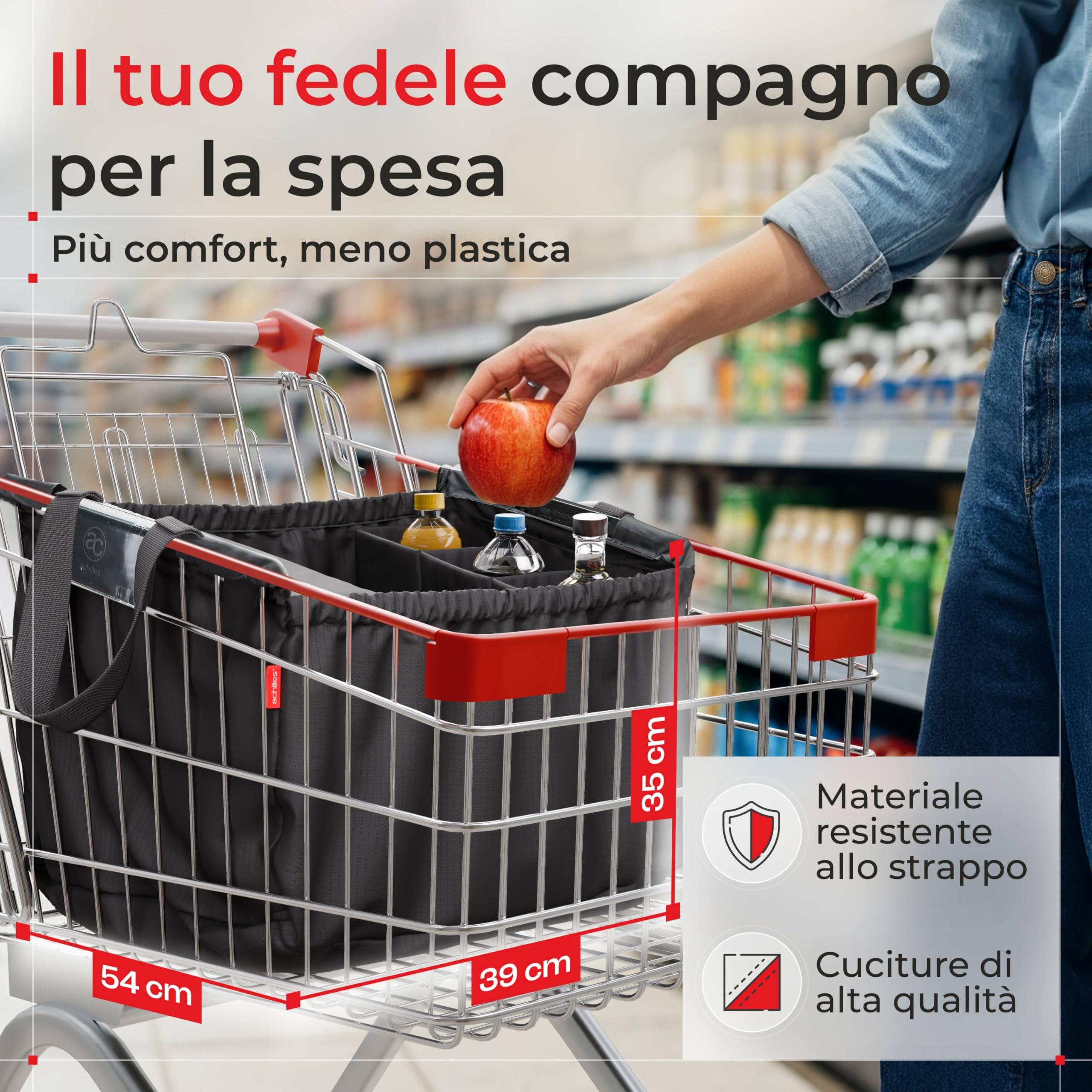 achilles Borsa Spesa Stoffa Pieghevole con Scomparto Raffreddamento e Porta Bottiglie - 40L Grande Shopping Bag - Nero - 54x35x39 cm