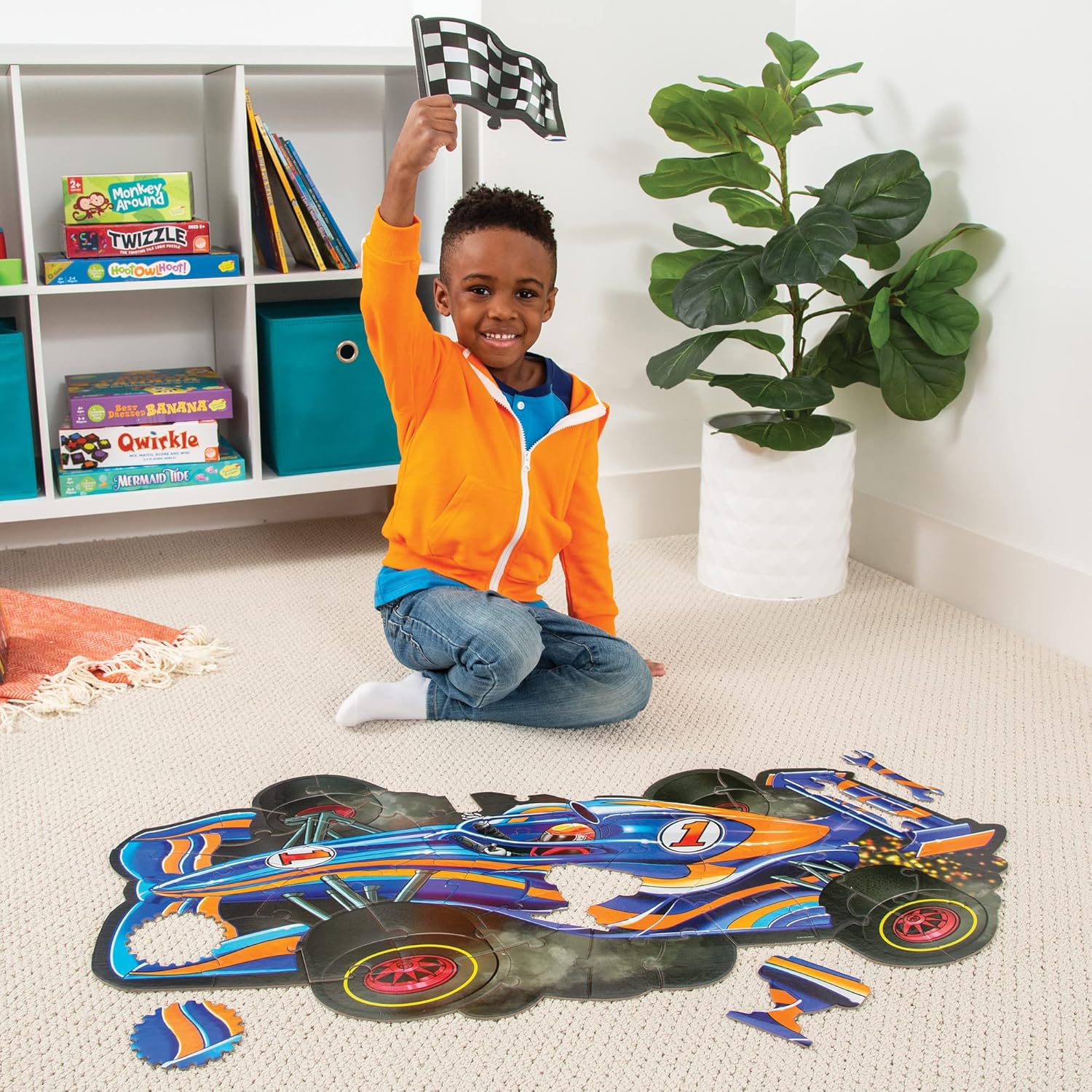 Peaceable Kingdom Shiny Racecar - 48-Piece Giant Floor Puzzle for Kids Ages 3 & up - Fun-Shaped Puzzle Pieces - Great for Classrooms