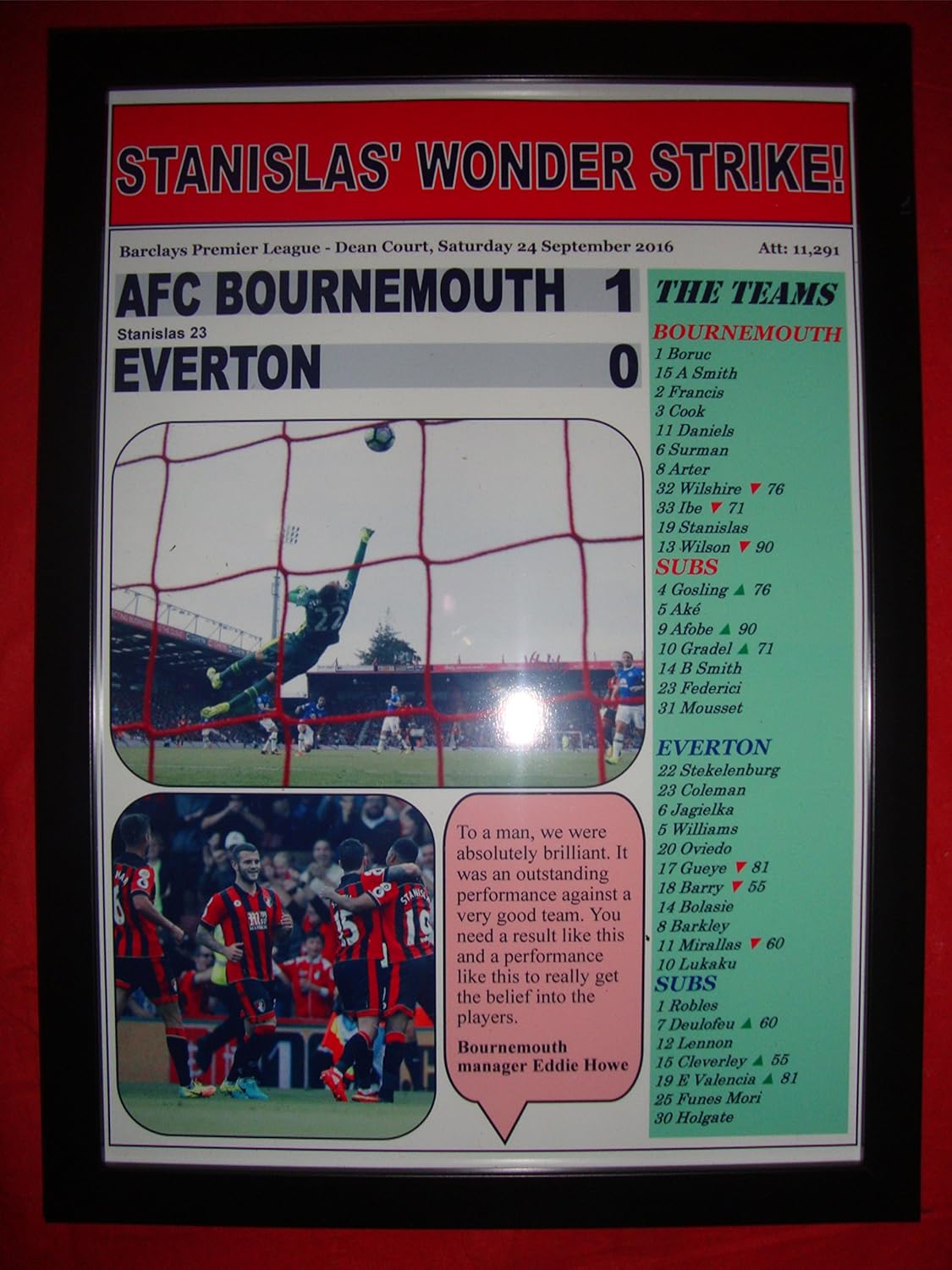 Lilywhite Multimedia AFC Bournemouth 1 Everton 0 - 2016 - framed print