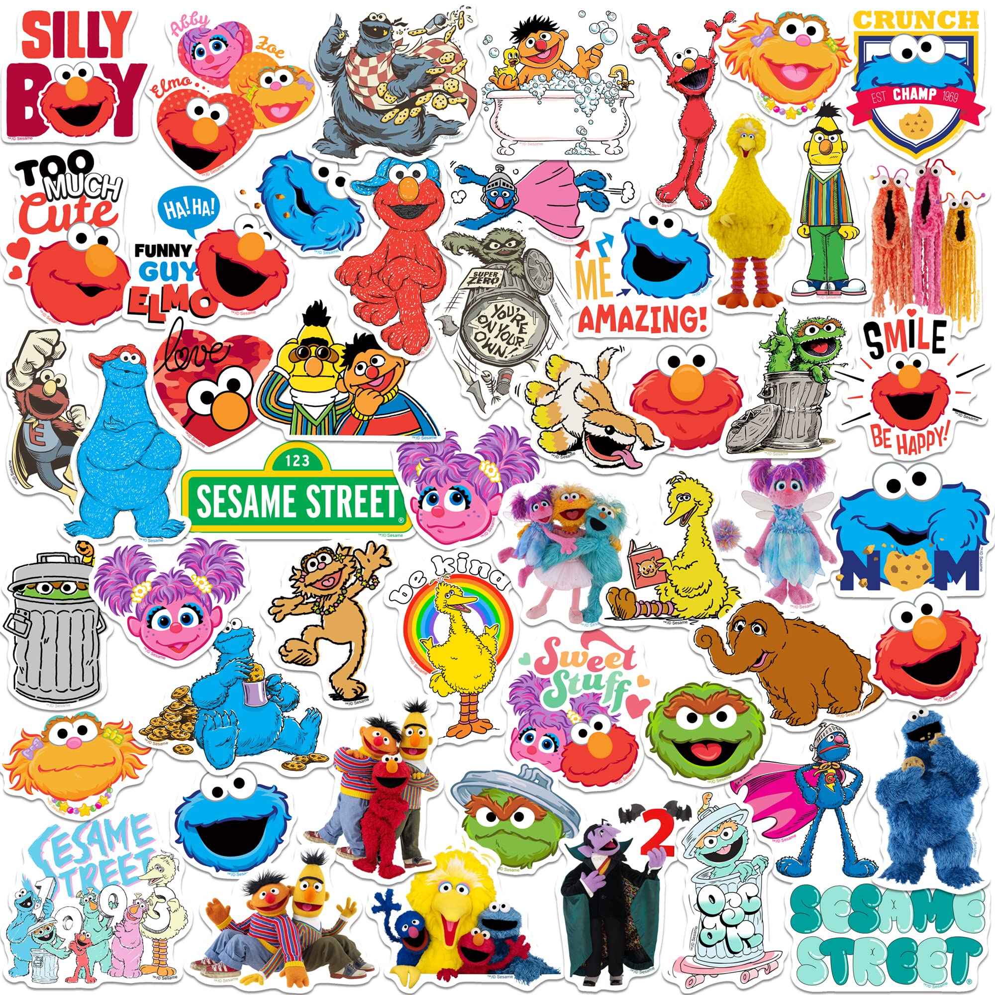 Sesame Street 50CT Sticker Pack Large Deluxe Stickers Variety Pack - Laptop, Water Bottle, Scrapbooking, Tablet, Skateboard, Indoor/Outdoor - Set of 50
