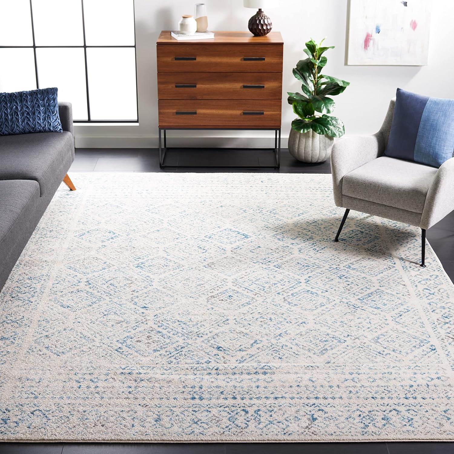 SAFAVIEH Tulum Collection Area Rug – 9′ x 12′, Ivory & Turquoise, Moroccan Boho Distressed Design, Non-Shedding & Easy Care, Ideal for High Traffic Areas in Living Room, Bedroom (TUL264B)