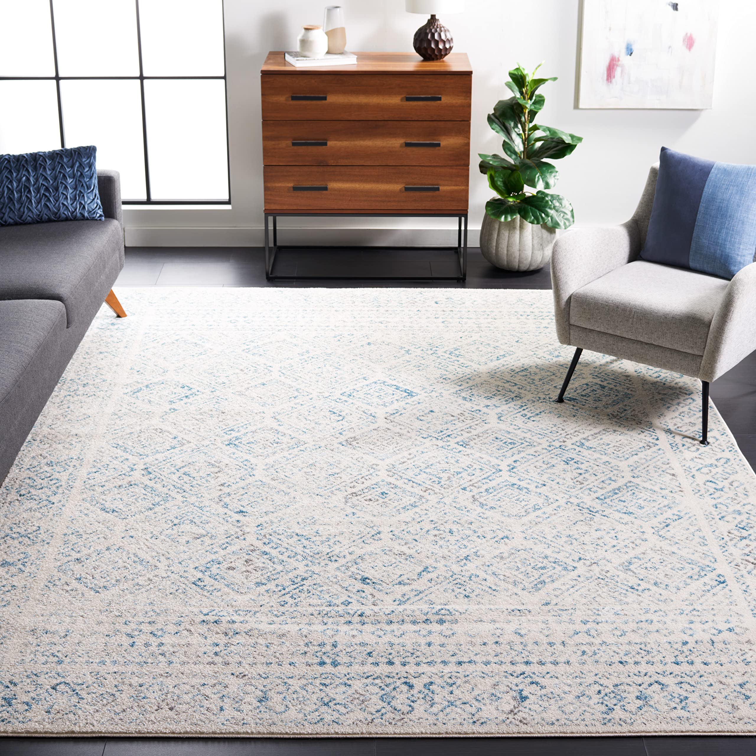 SAFAVIEH Tulum Collection 6'7" Square Ivory / Turquoise TUL264B Moroccan Boho Distressed Non-Shedding Living Room Bedroom Dining Home Office Area Rug