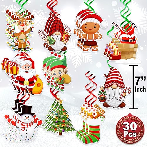 Miniatura 3 de Decoraciones navideñas colgantes con espirales de aluminio  Juego de 30 piezas  Papá Noel, muñeco de nieve, pan de jengibre, renos, gnomos diseños