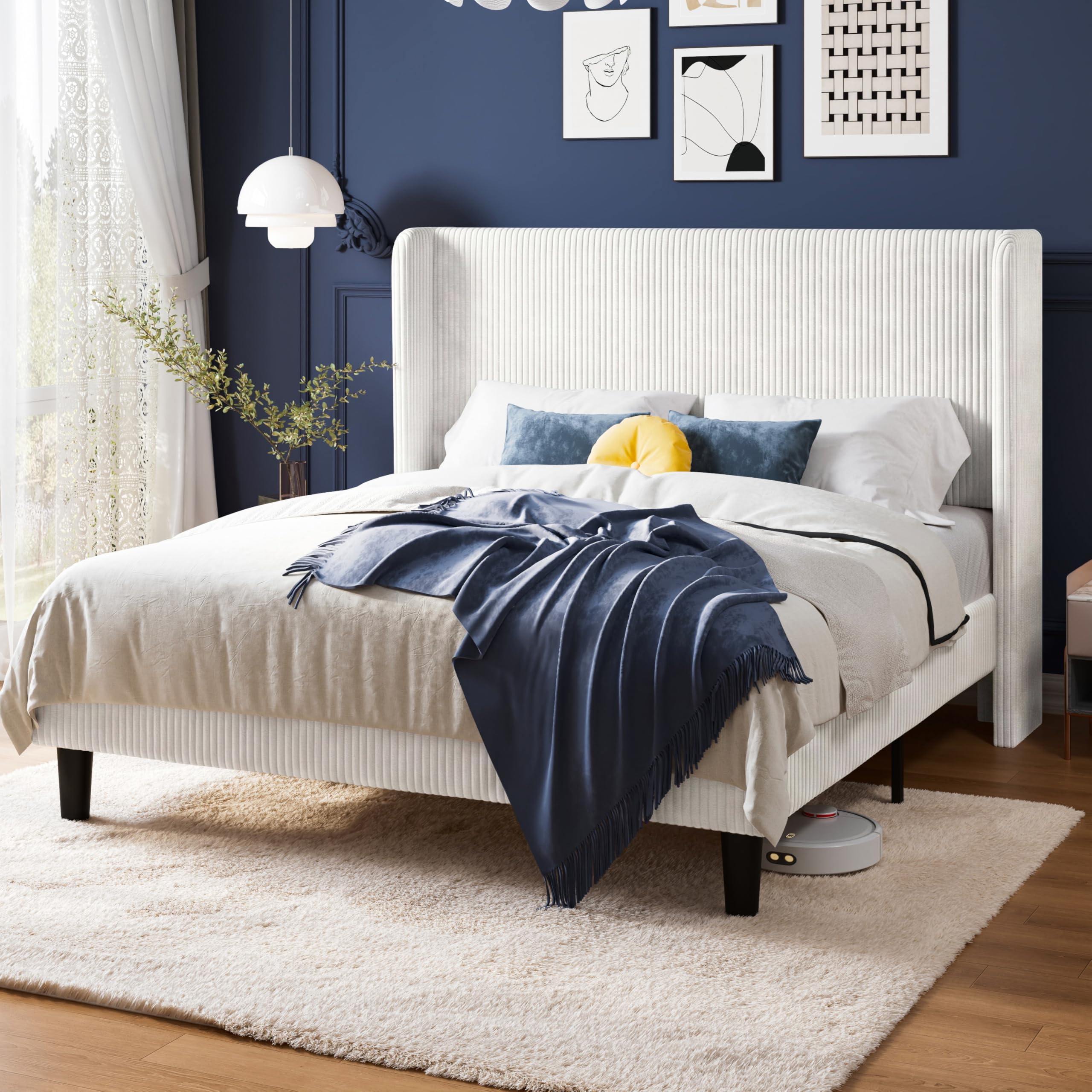 Allewie Queen Size Platform Bed with Corduroy Wingback Headboard, White