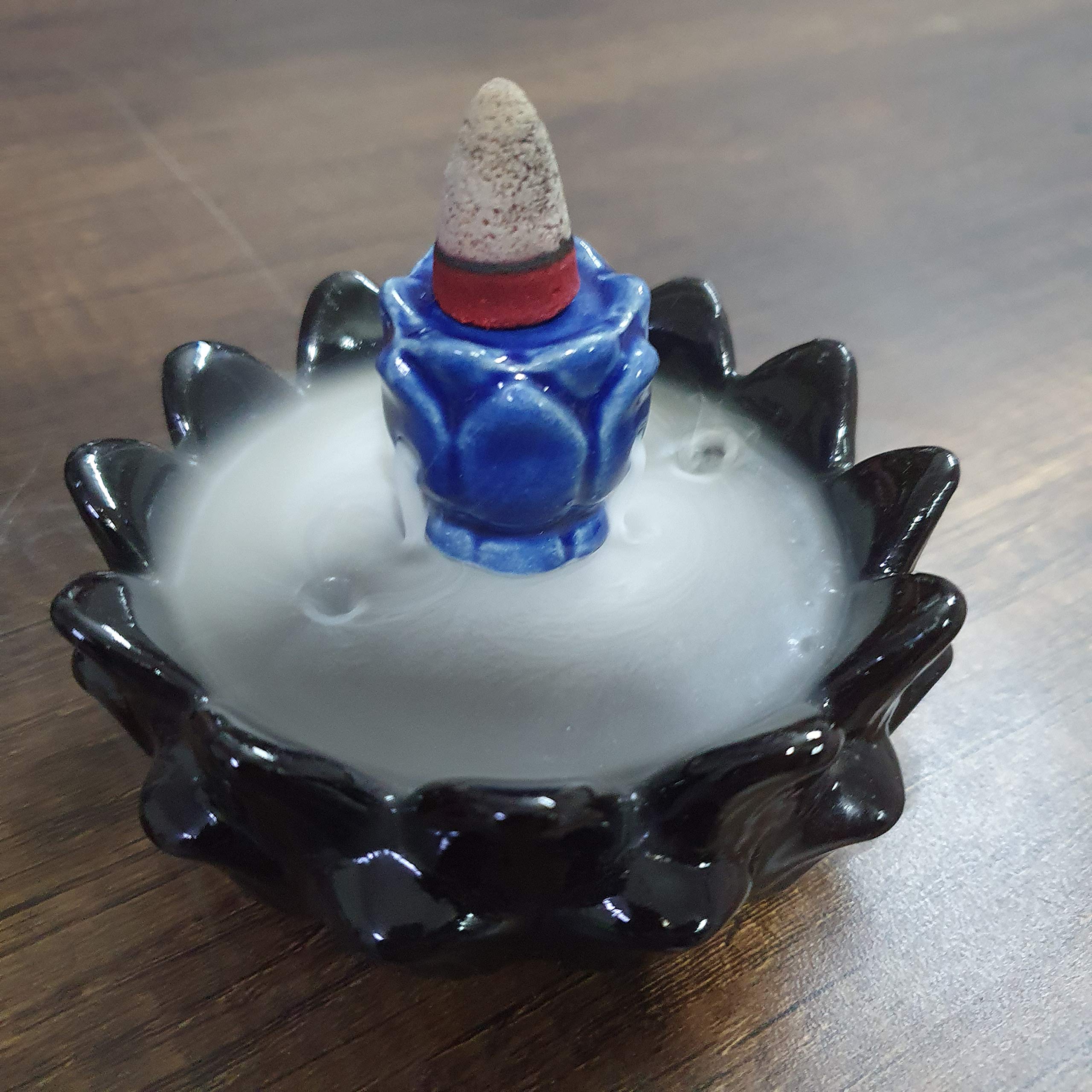 Brahmz Ceramic Backflow Smoke Fragrance Fountain Incense Holder with 10 Cones (Lotus Pool Blue)