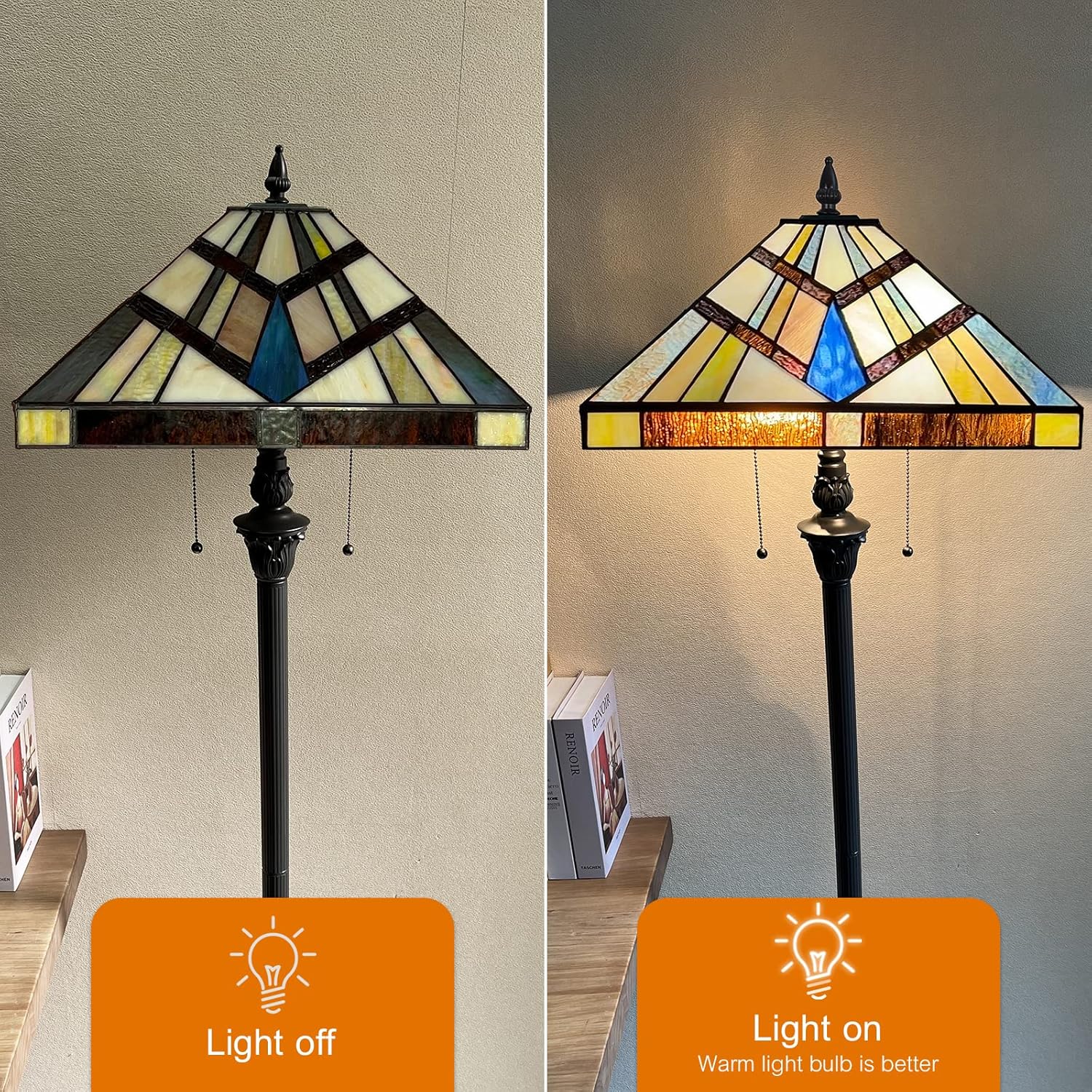 Capulina Tiffany Lamp Stained Glass Floor Lamp 2-Light 16x16x63 Inch Cream Amber Antique Mission Tiffany Style Standing Lamp for Living Room Bedroom Home Office