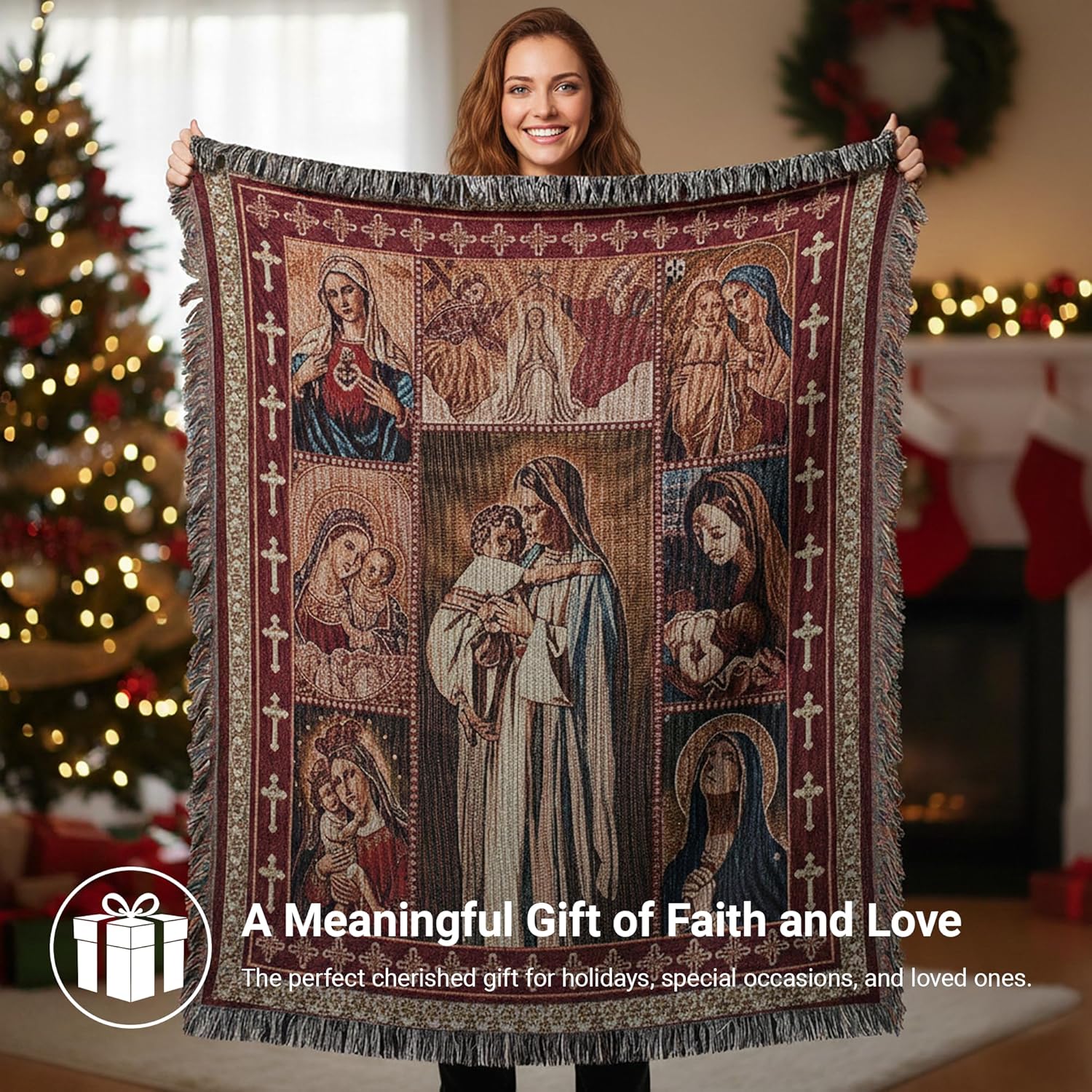 XINWBB Virgin Mary Woven Tapestry Throw Blanket with Tassels | Soft Decorative Christian Gift for Couch & Bed | Living Room Wall Hanging Decor, 50"x60" - Image 6