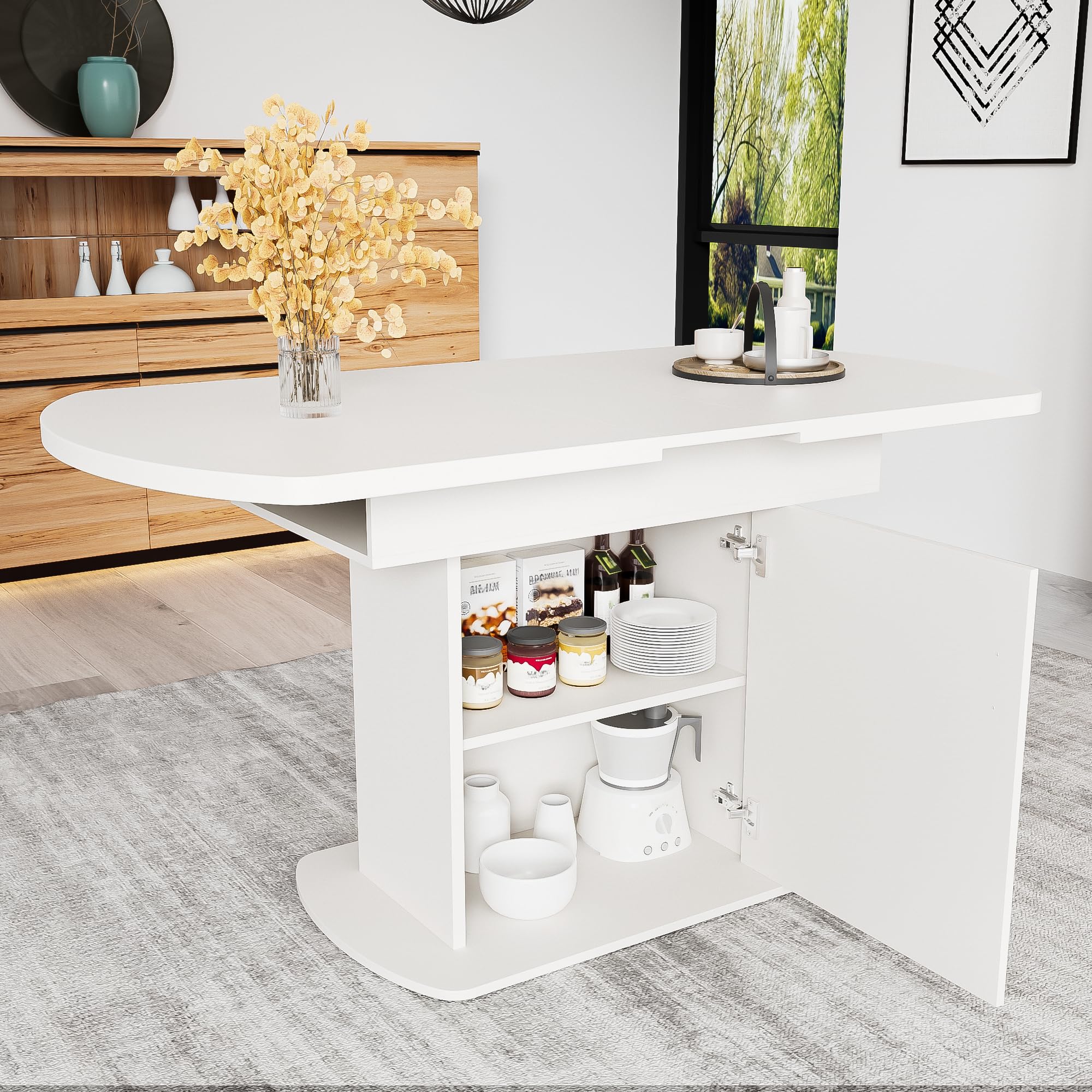 Esstisch Küchentisch Ovaler für 4-6 Personen, 110-130x70 cm, Weiß | Für Esszimmer Wohnzimmer, Esstisch Ausziehbar, Esszimmertisch mit Stauraum Regal und Türen, Modern Tisch mit Tischplatte