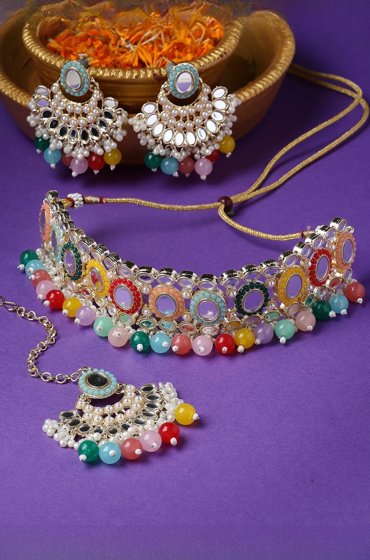 Classy Choker Necklace Earring Jewellery Set with Maangtikka Jewellery Set for Women