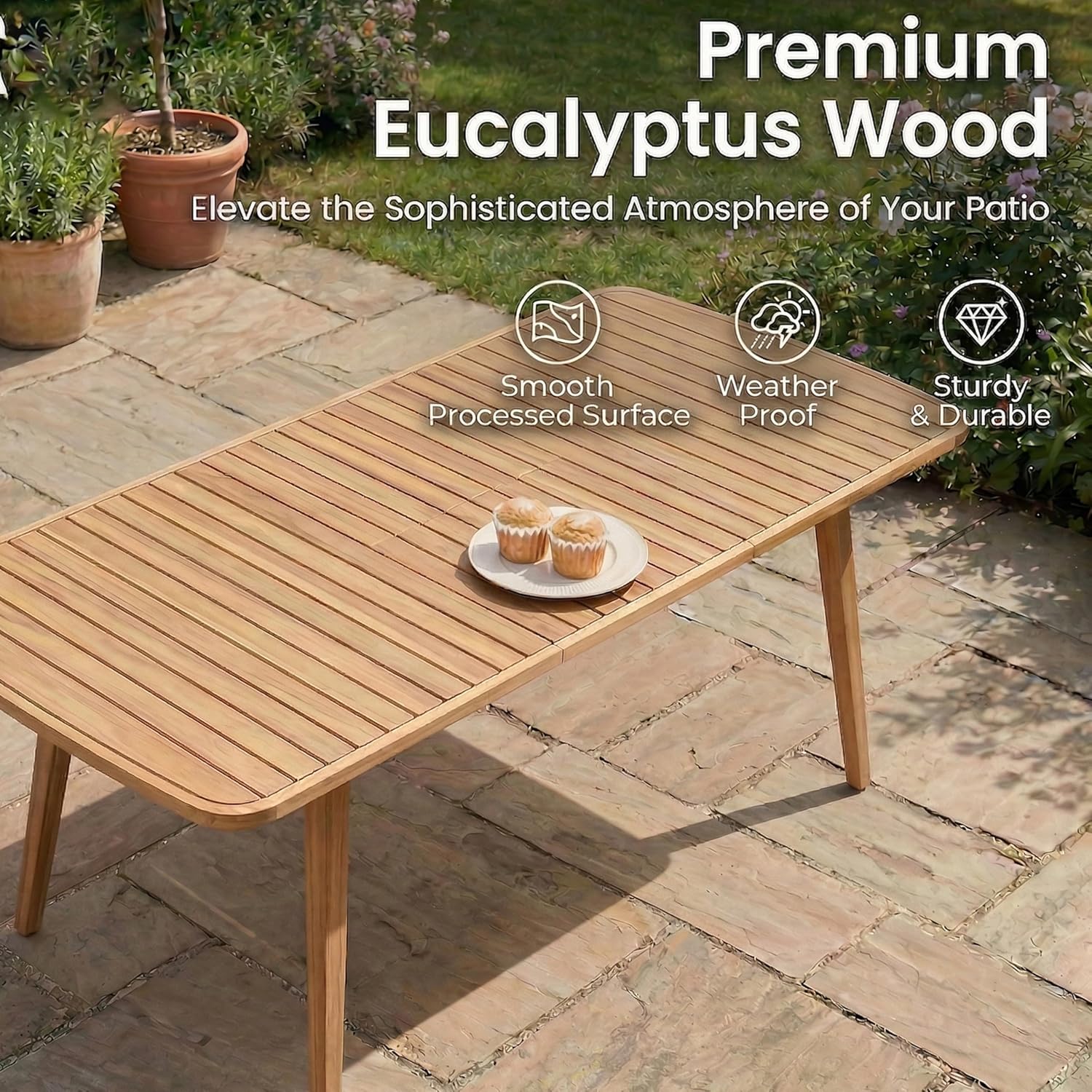 Extendable Wooden Outdoor Dining Table for Patio, Rectangular Patio Dining Table, Solid Wood Waterproof Dining Table for 6-8 People, Weather Resistant for Deck, Porch, Backyard