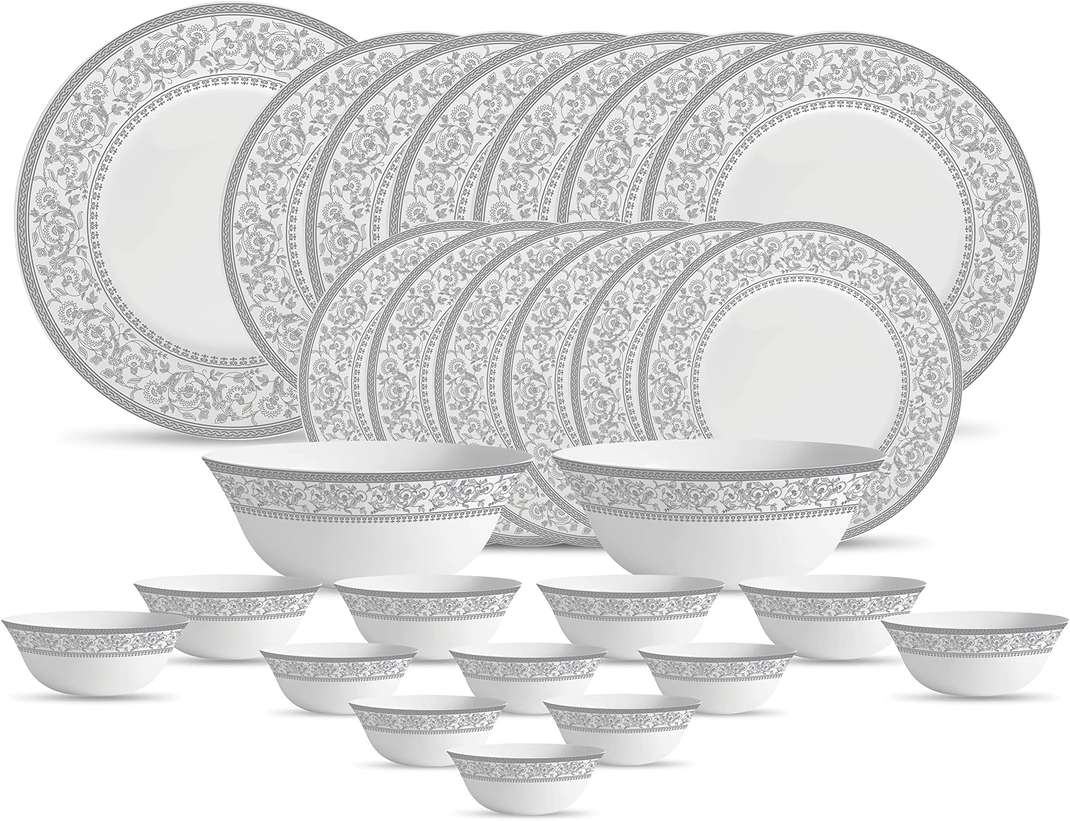 Diva Sovrana Collection Opal Glass Crockery | for Family of 6 | Dinner Set 27 pcs Persian Silver | Plates & Bowls for Dining | Microwave Safe | 100% Vegetarian | Extra Strong | Light & White