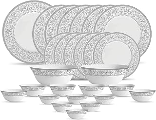 Diva Sovrana Collection Opal Glass Crockery | for Family of 6 | Dinner Set 27 pcs Persian Silver | Plates & Bowls for Dining | Microwave Safe | 100% Vegetarian | Extra Strong | Light & White