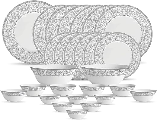 La Opala Diva Sovrana Collection Opal Glass Crockery | for Family of 6 | Dinner Set 27 pcs Persian Silver | Plates &amp; Bowls...