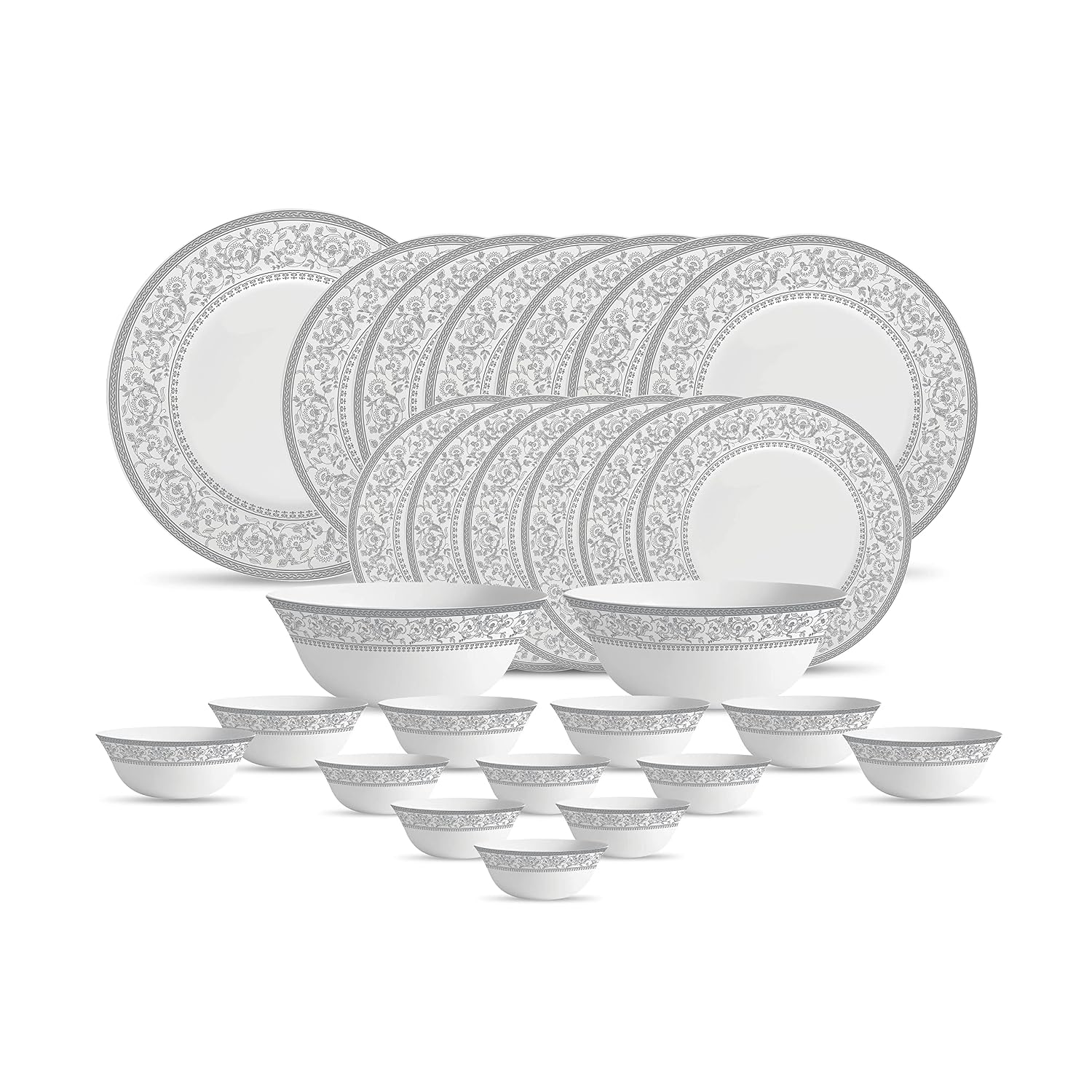 La Opala Diva Sovrana Collection Opal Glass Crockery | for Family of 6 | Dinner Set 27 pcs Persian Silver | Plates & Bowls...