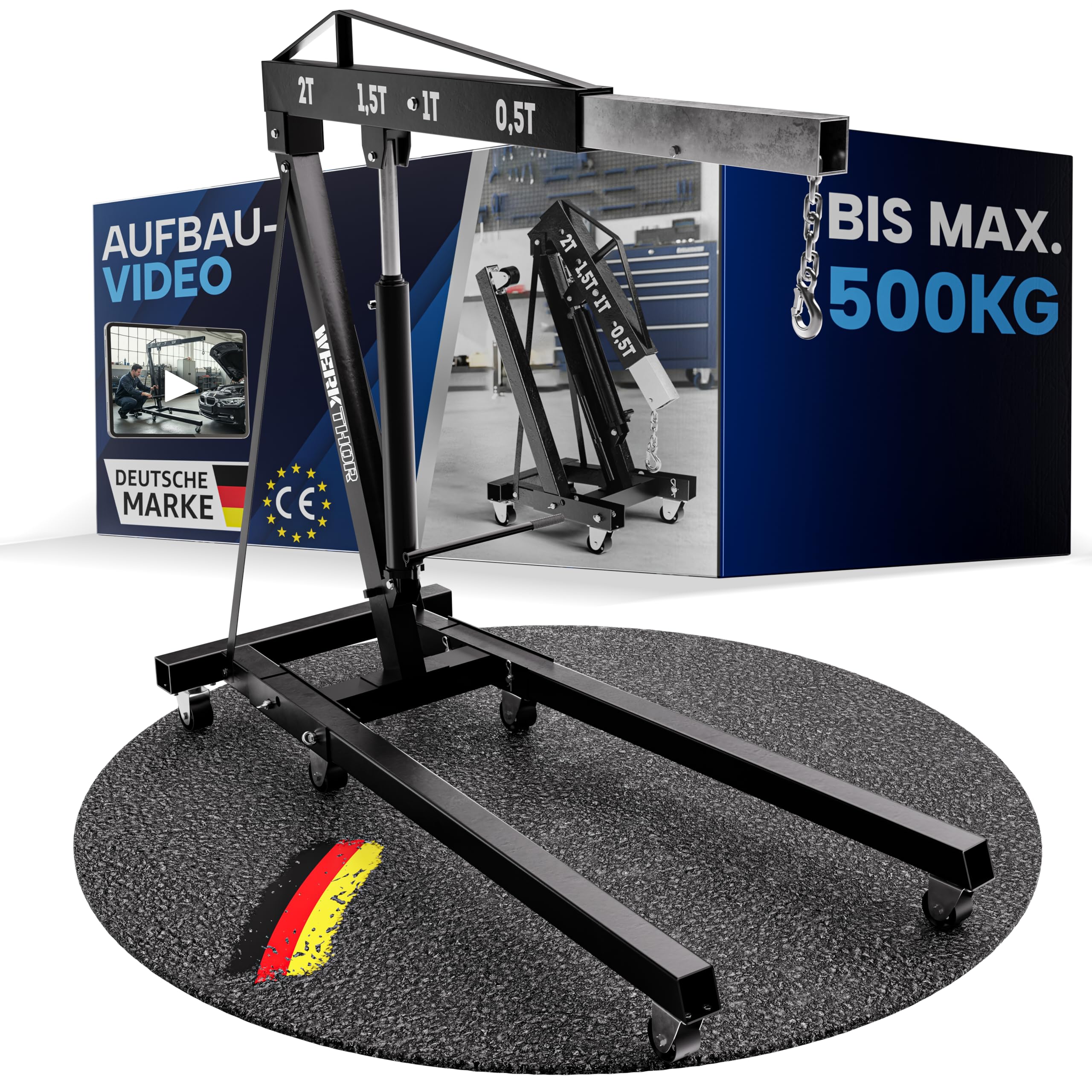 WERKTHOR Motorkran 500kg klappbar für Werkstatt – Motorheber 500KG hydraulisch & platzsparend – Werkstattkran schwarz mit 6 Rollen – Profi Hebekran für Motoren & Getriebe