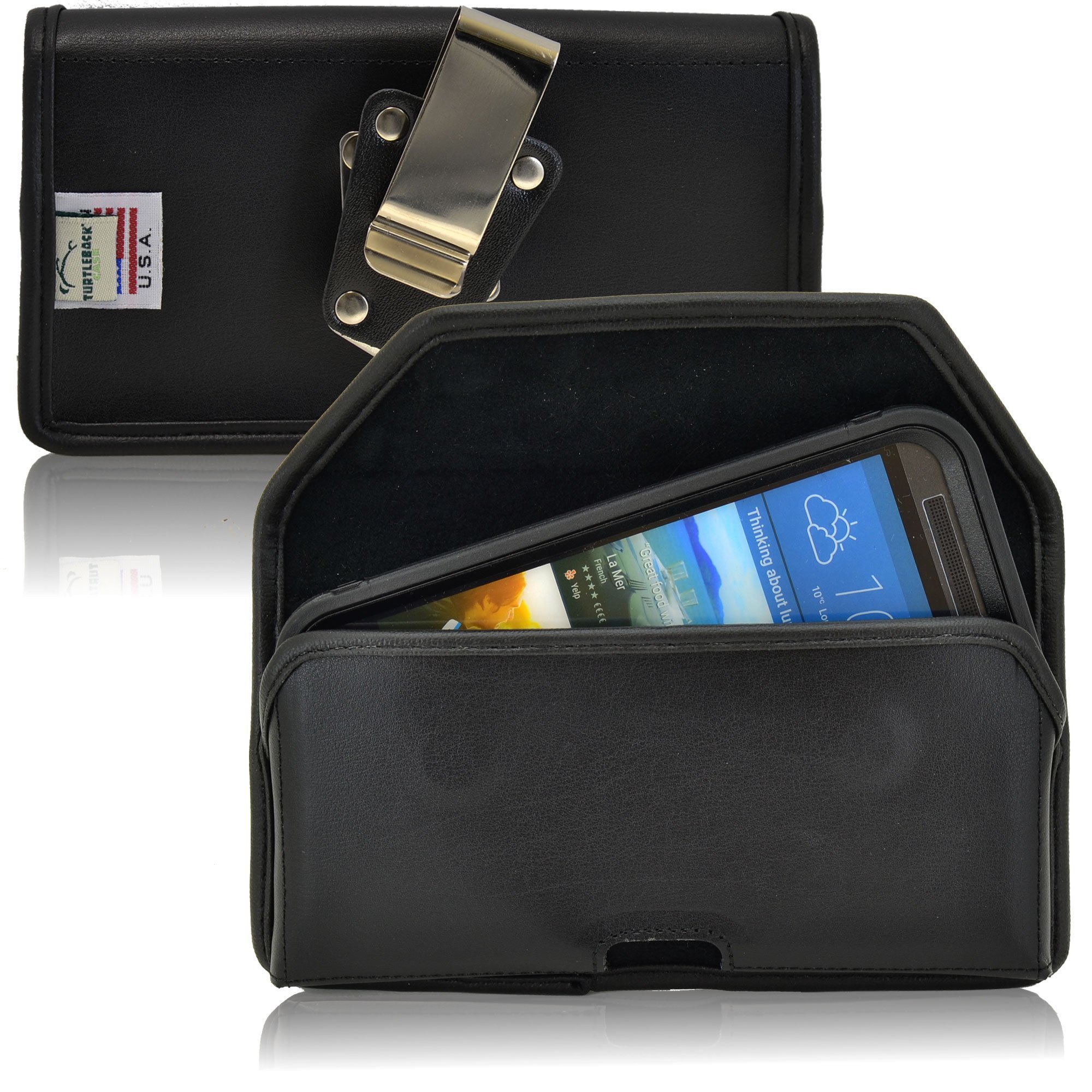 Turtleback Horizontal Phone Pouch Holster Belt Clip Case Fits HTC One M9 with Otterbox, Lifeproof Cases, and other Bulky Cases, Magnetic Closure (Black Leather / Rotating Clip)