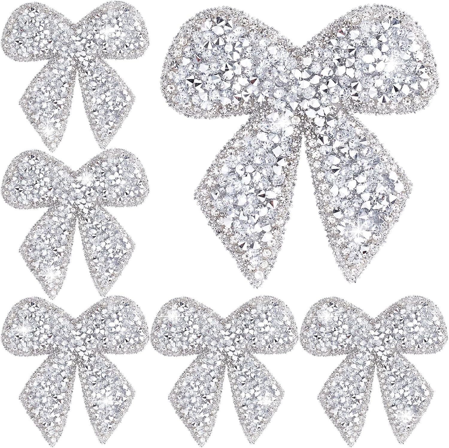 SmallCat 6pcs Bow Rhinestone Patches, Glitter Bowknot Applique, Self-Adhesive Repair Bow Clothing Patches for Jackets Hats Bags Jeans Shoes- Silver