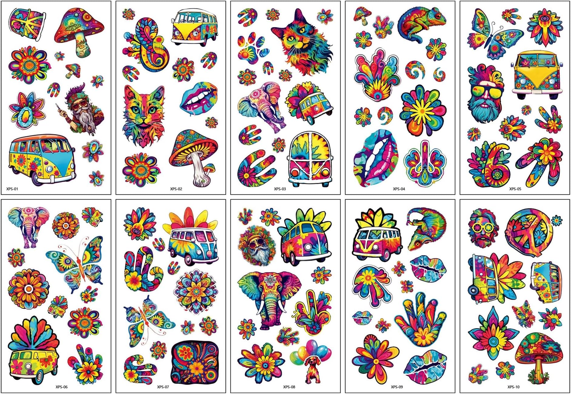 Hippie Tattoo Set, 10 Sheets Flower Power Tattoos Temporary, Hippie Accessories with PeaceVibe Motif, Colourful Love, Peace Symbols, Flower Tattoo for Hippie Parties, Birthdays, Carnival