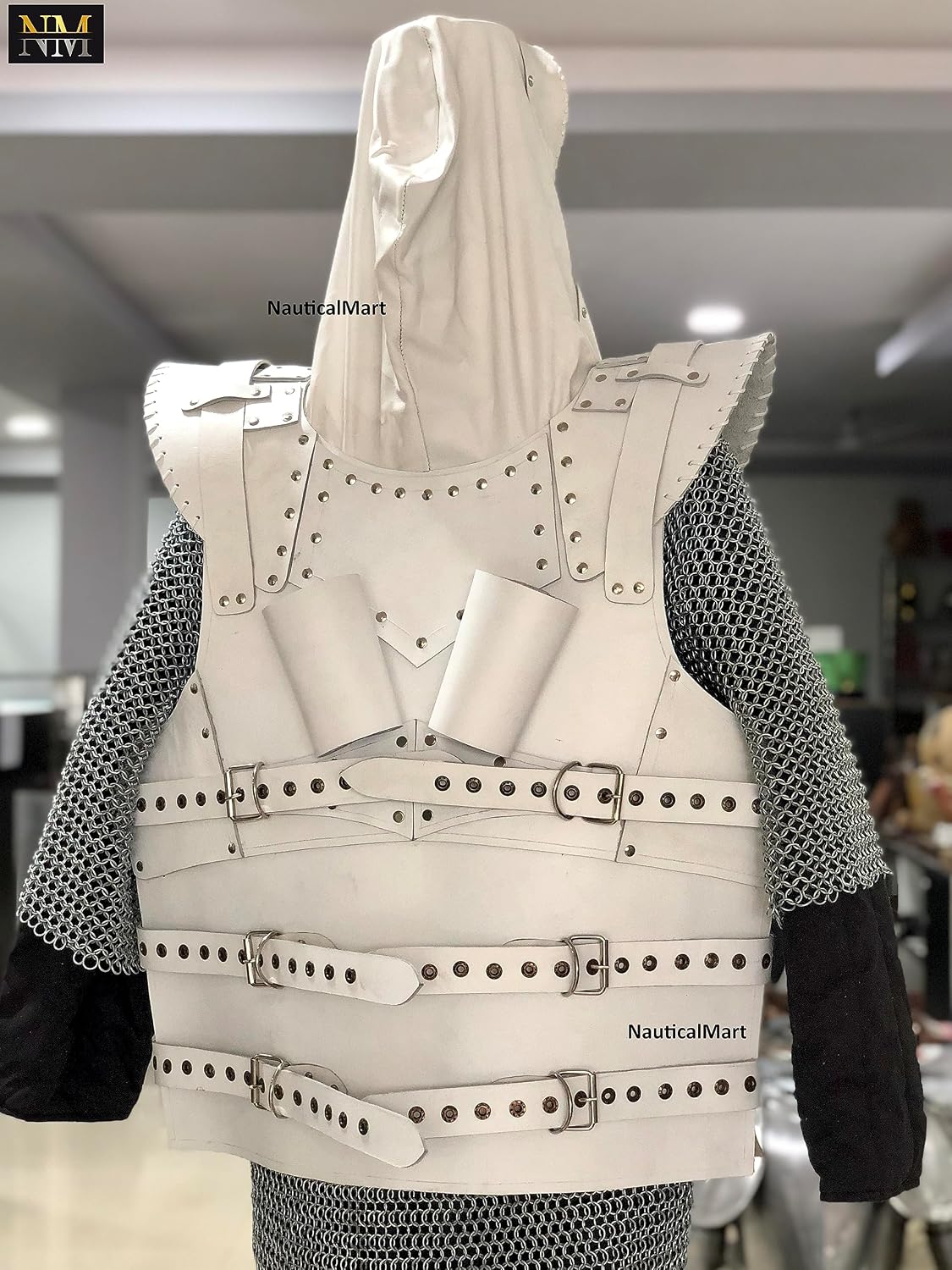 NauticalMart Medieval Leather Breastplate with Hood Viking Chest Armour Cosplay & LARP Halloween Wearable Costume Men's Knight Armor (White)