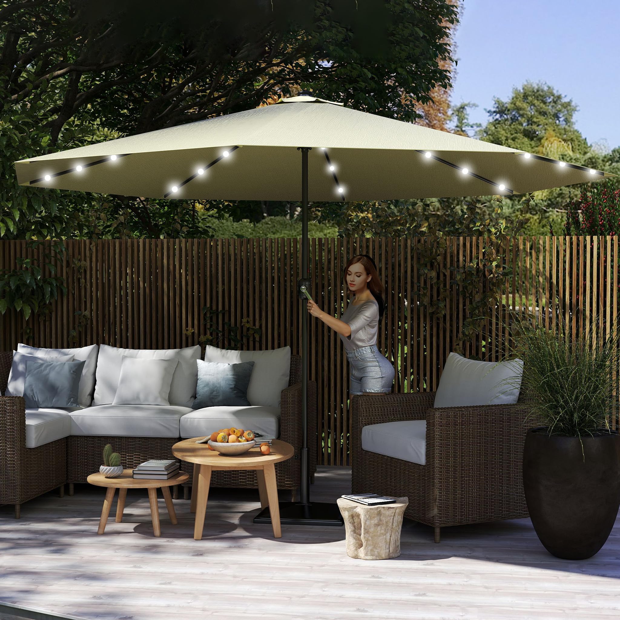 Aufun Ombrellone con ombrellone LED Ø350 cm con manovella realizzato in poliestere protezione solare 40+ protezione UV, ombrellone per balcone, terrazza e giardino, tondo, 8 puntoni, 32 LED, beige
