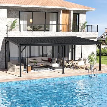 MUPATER 12x 20 Lean to Gazebo, Outdoor Deck Gazebo with Metal Frame and Adjustable Support Posts, Wall-Mounted Heavy Duty Awnings W/Water Drainage System for Patio, Deck, Porch and Backyard