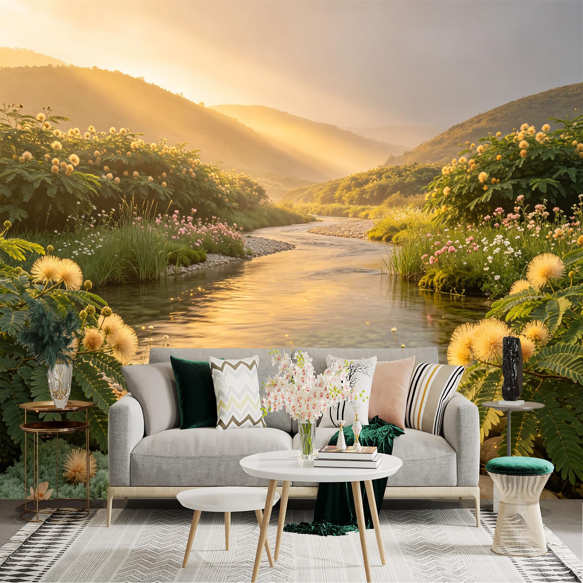Lnzczhyre Bh260719093 Custom Size Wall Sticker Mural， Serene River Landscape， Golden Morning Sun Rays， Wildflowers And Pebbles， For Wall Decoration， Peelandstick Wall Decals.