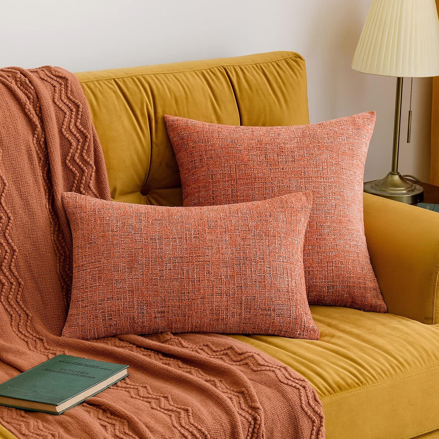 MIULEE Set of 2 Fall Decorative Accent Throw Pillow Covers Chenille Soft Cushion Covers Cases Modern Rectangle Pillowcases for Couch Sofa Bed 12x20 Inch Burnt Orange
