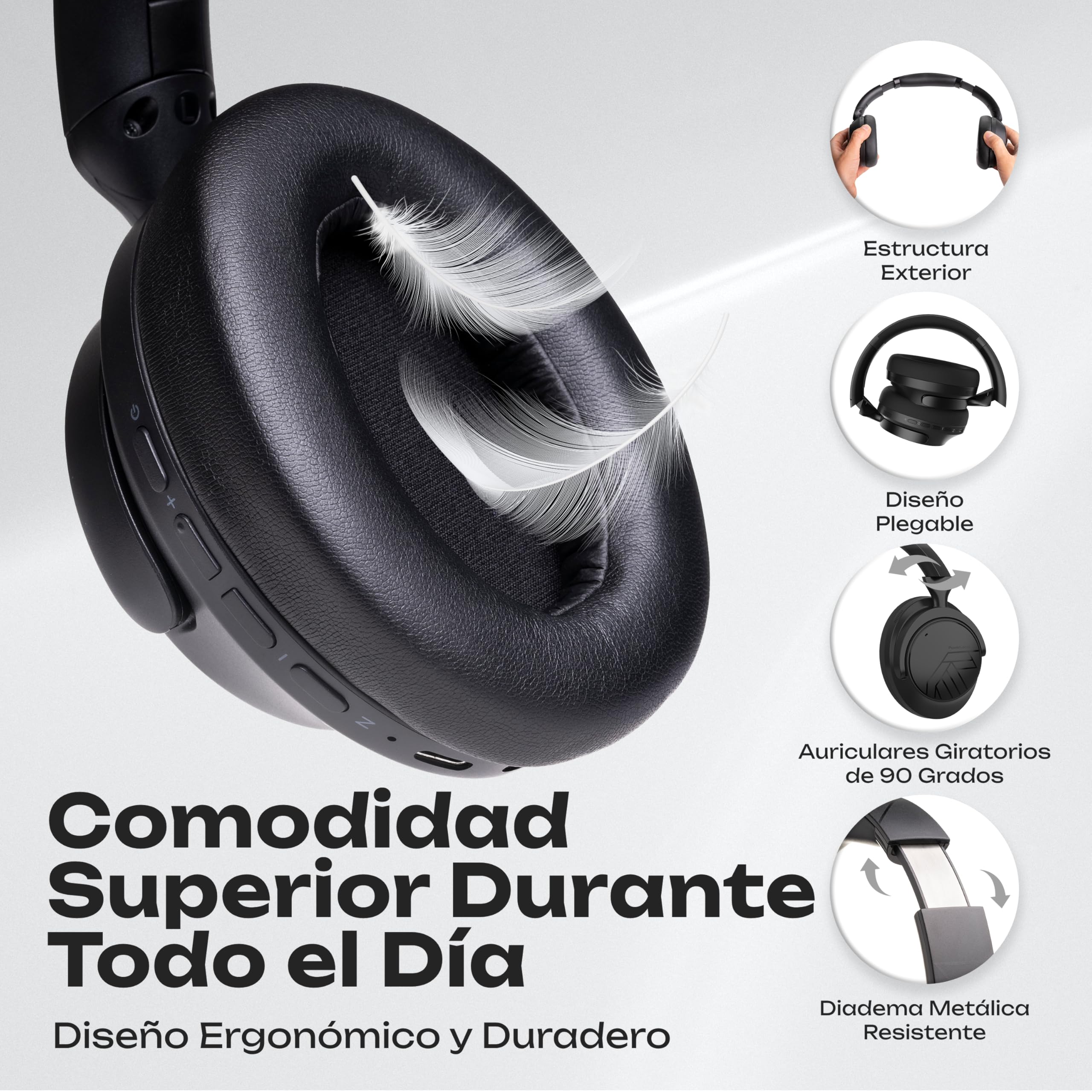 PowerLocus Cascos Inalambricos Bluetooth, Auriculares Inalámbricos con Cancelación de Ruido Activa Híbridos, 70H Reproducción, Modo Transparencia, Cascos Bluetooth Estéreo HiFi con Funda (Negro)