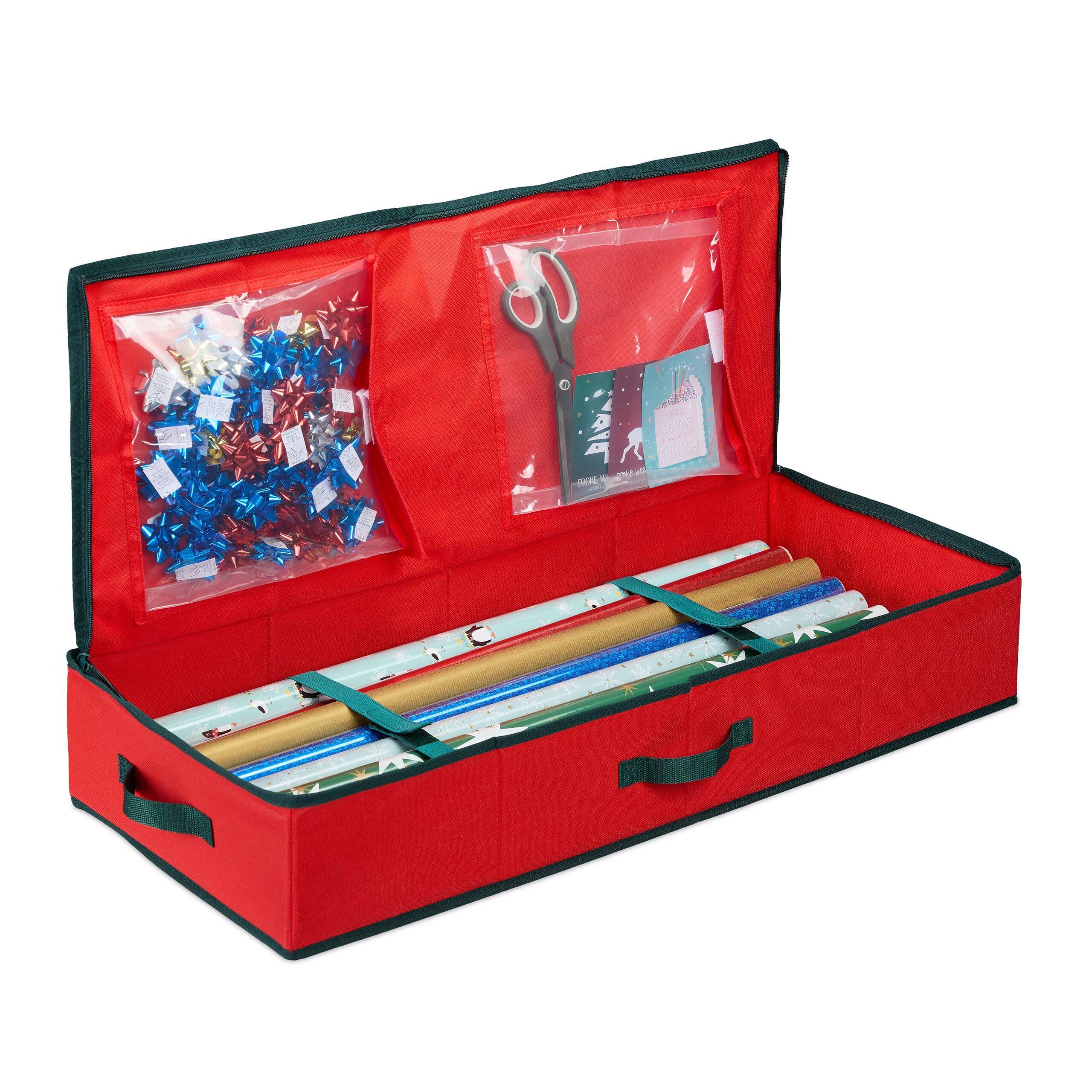 Relaxdays Contenitore Carta Regalo, Scatola Scomparti Porta Rotoli, Nastri, Palline, Addobbi Natale e Feste, Rosso Nero