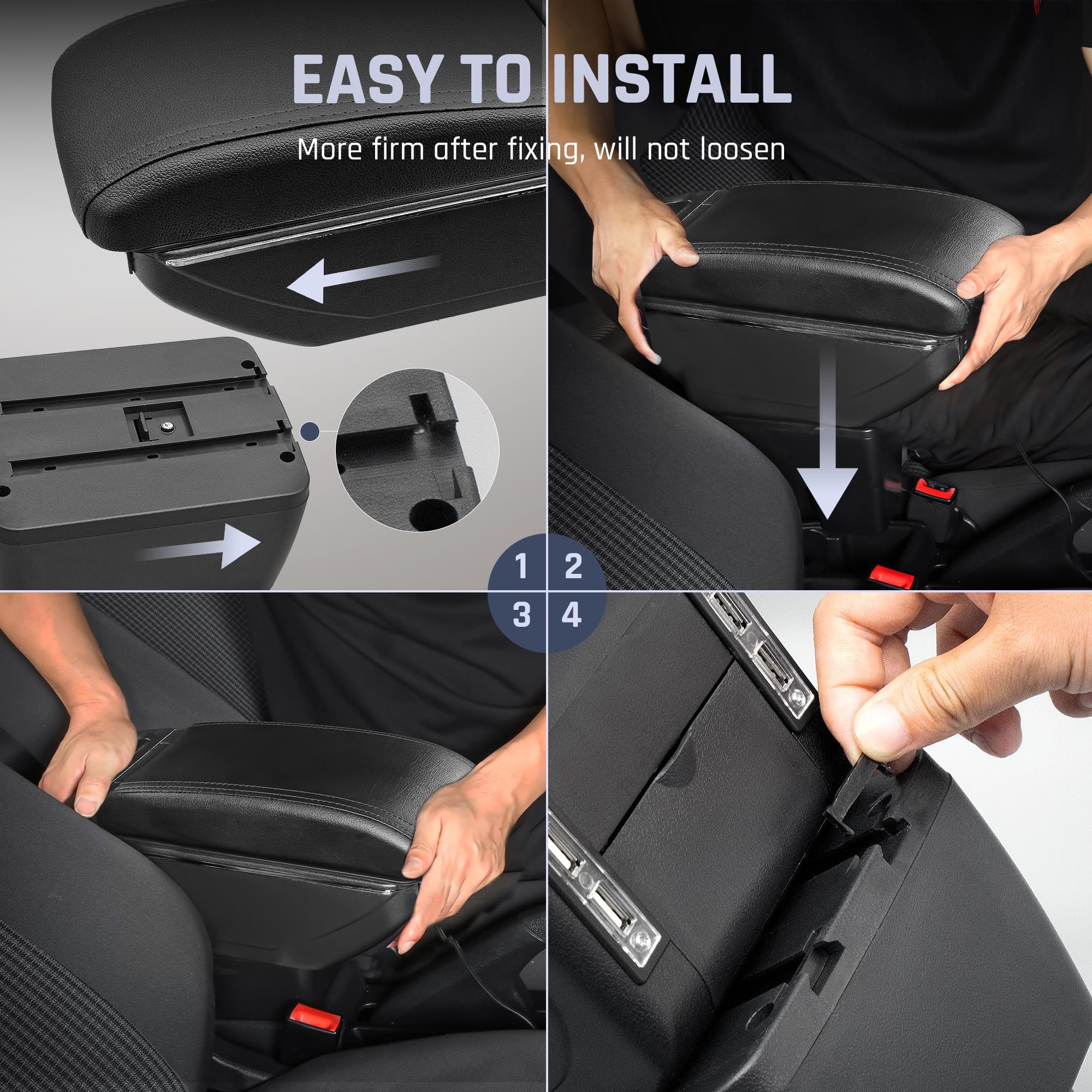Scatola bracciolo auto per KIA Stonic Rio 3 2018-2024 accessori filettatura nera | Organizer per console centrale, 7 porte USB, bracciolo in pelle a doppio strato, supporto per gomito, portabicchieri