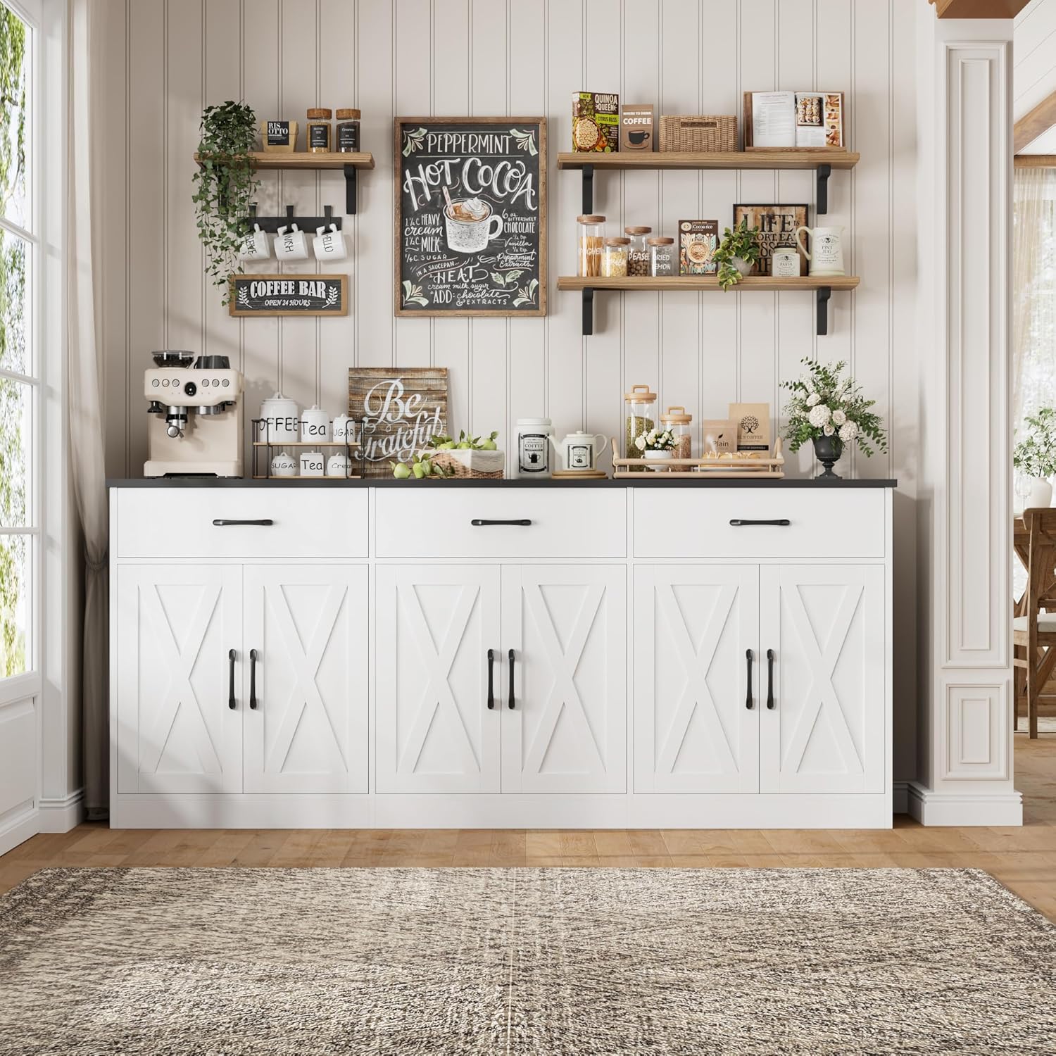 HOSTACK 71" Large Sideboard Buffet Cabinet with Storage, Farmhouse Coffee Bar Cabinet with 3 Drawers, Long Kitchen Buffet Table, Kitchen Sideboard Storage Cabinet for Dining, Living Room, White/Black