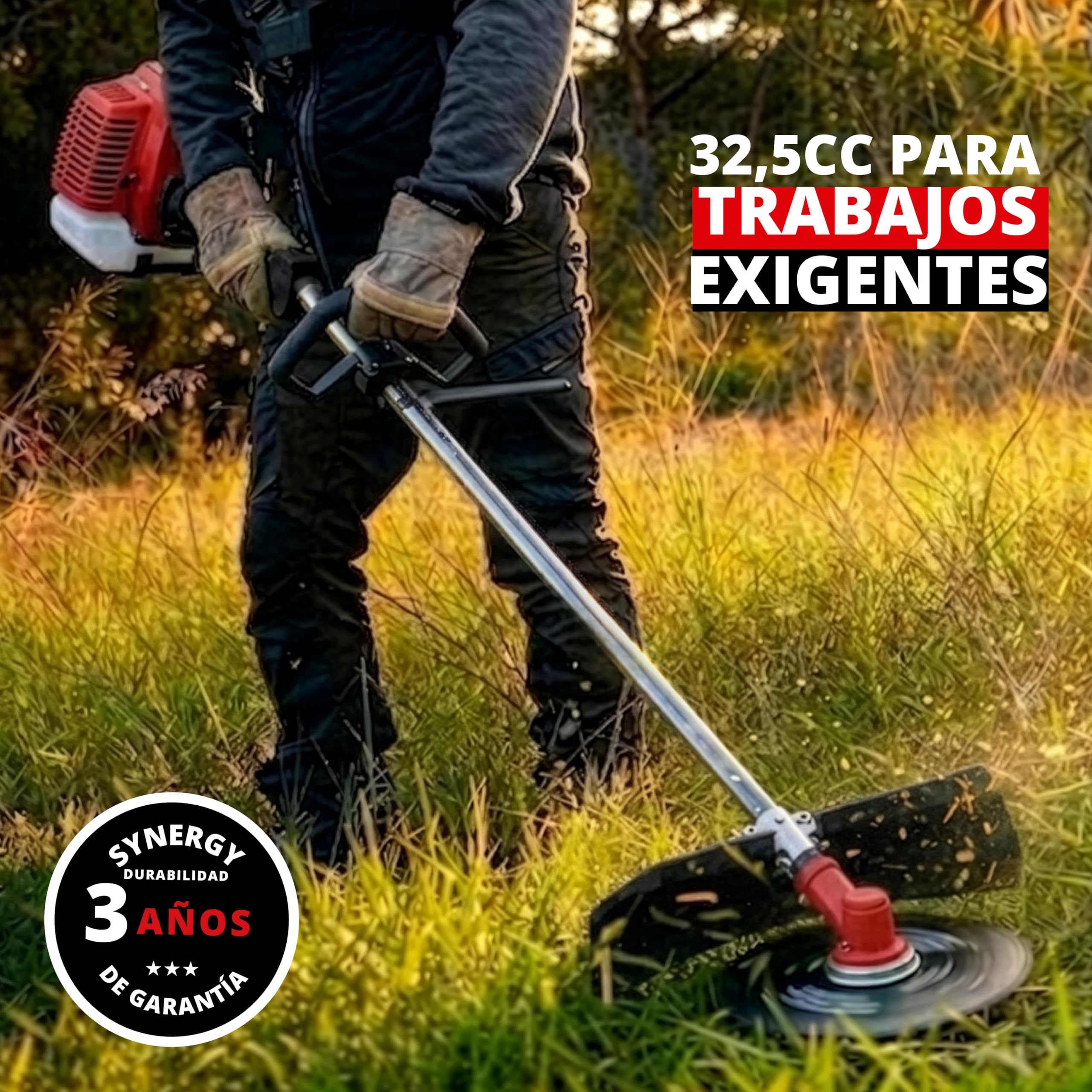 Redblade desbrozadora gasolina 32,5cc 1,5CV motor 2 tiempos con disco 3 puntas, cabezal desbrozadora de hilo, equipada con arnes. Cortabordes ideal para cortar césped, maleza y mantenimiento de jardín