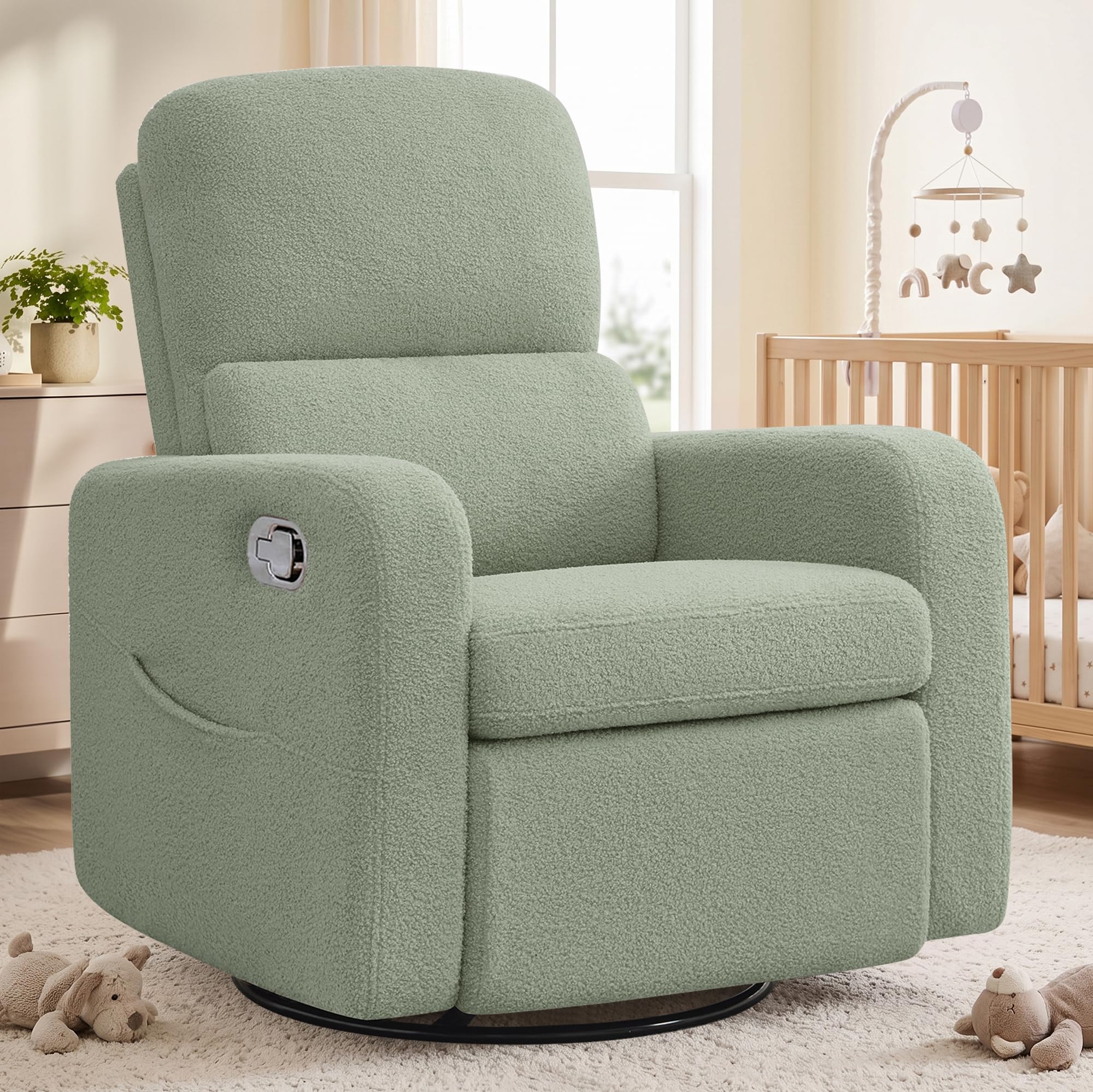 Swivel Rocker Recliner, Oversized Manual Boucle Nursery Glider Rocking Recliner Chair with Removable Cushion, Upholstered Teddy Swivel Reclining Chair for Nursery Living Room Bedroom, Green