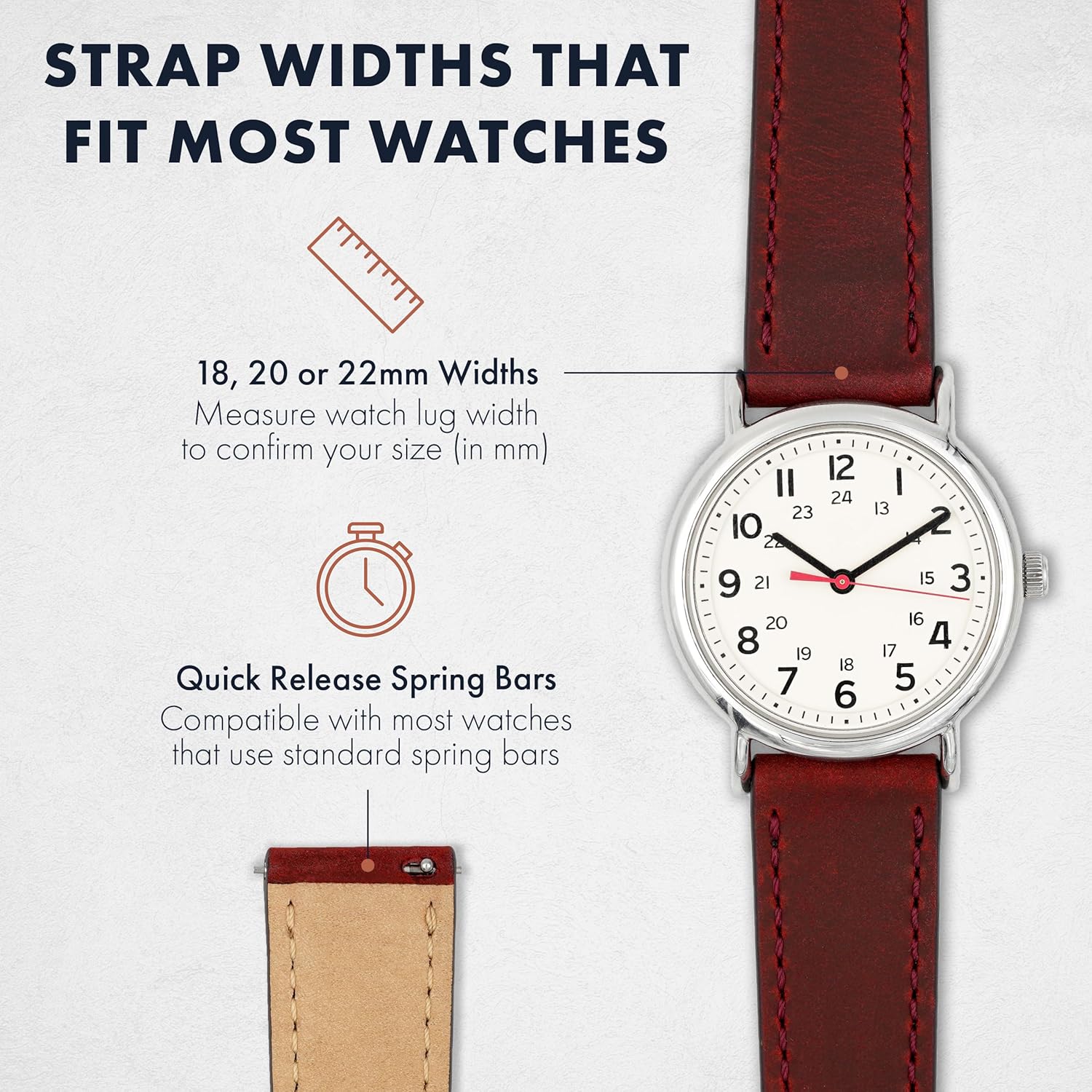Benchmark Leather Watch Band - Crazy Horse Leather Watch Straps for Men & Women - Stainless-Steel Buckle & Quick Release Spring Bars - Choice of Color - 18mm, 20mm, or 22mm Widths