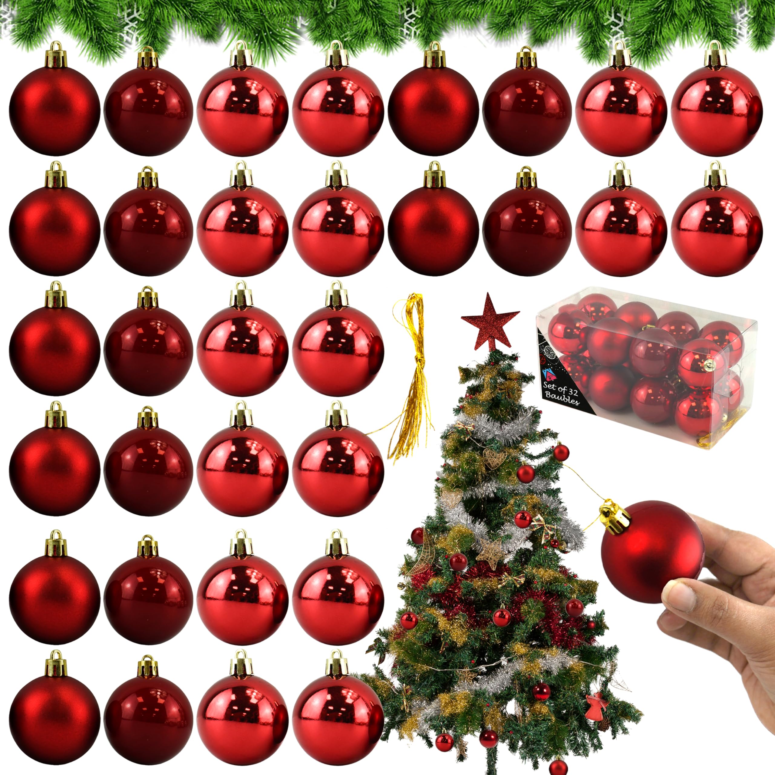 Hovuk 32Pk - Red Baubles 32Pcs Red Hanging Baubles 50Mm - Shiny And Matte Christmas Tree Baubles, Shatterproof Balls Seasonal Decorative Hanging Ball Ornaments For Xmas